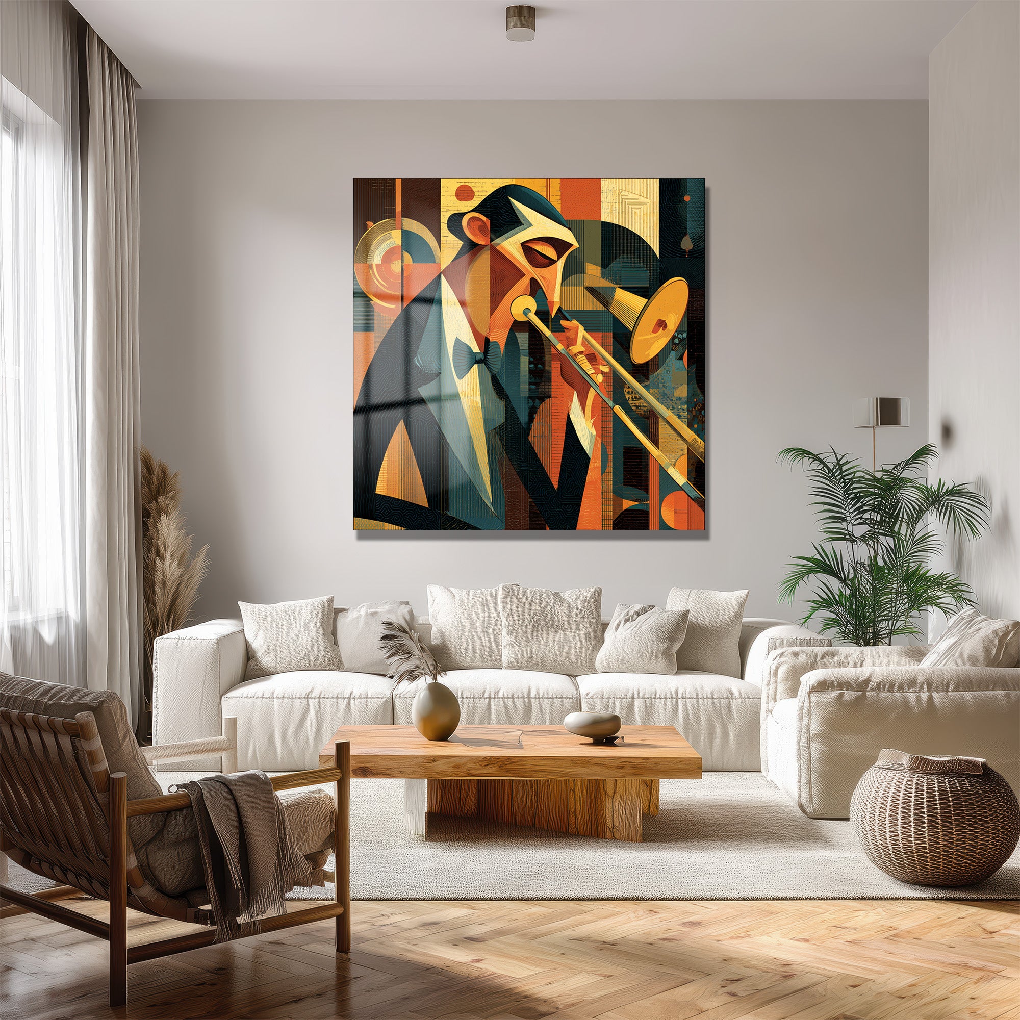 Caz Müzisyeni Kübist Cam Tablo - Glazella Sanat Koleksiyonu