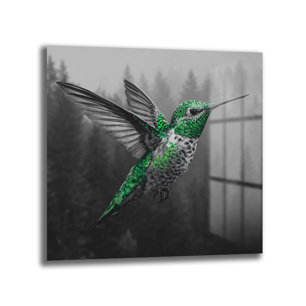 Yeşil Kolibri ve Sisli Orman Temalı Modern Cam Tablo