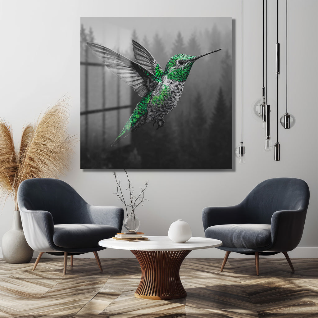 Yeşil Kolibri ve Sisli Orman Temalı Modern Cam Tablo