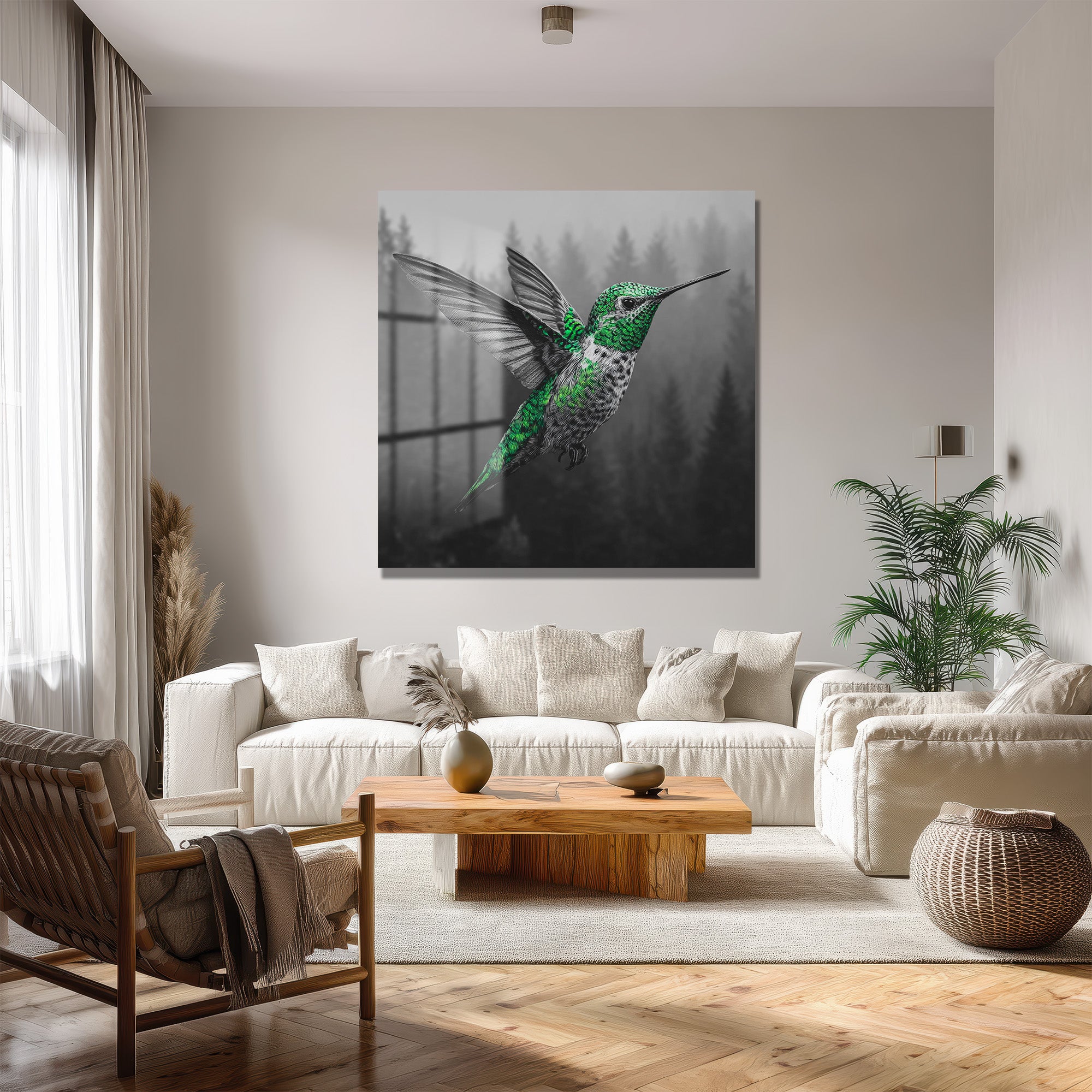 Yeşil Kolibri ve Sisli Orman Temalı Modern Cam Tablo