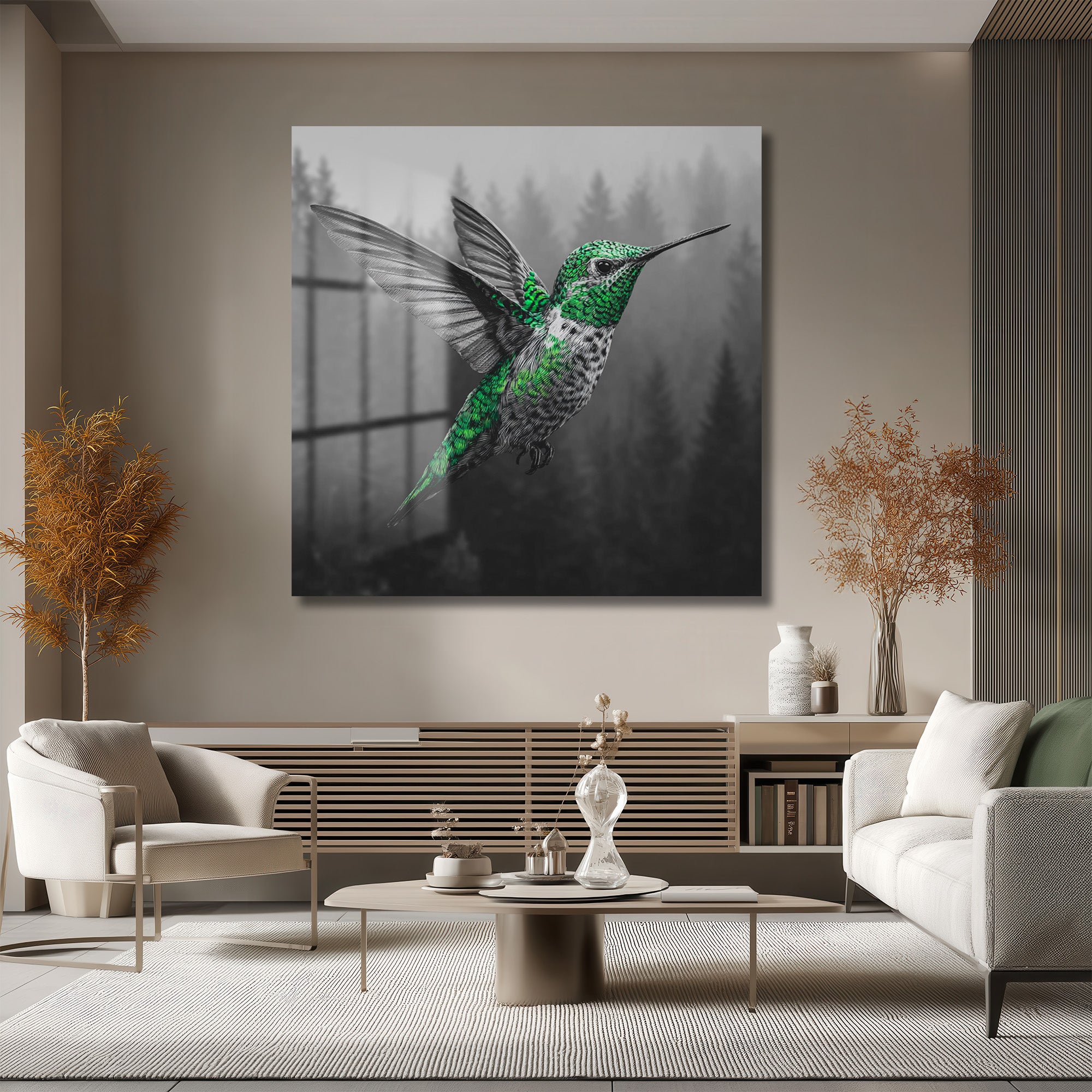 Yeşil Kolibri ve Sisli Orman Temalı Modern Cam Tablo
