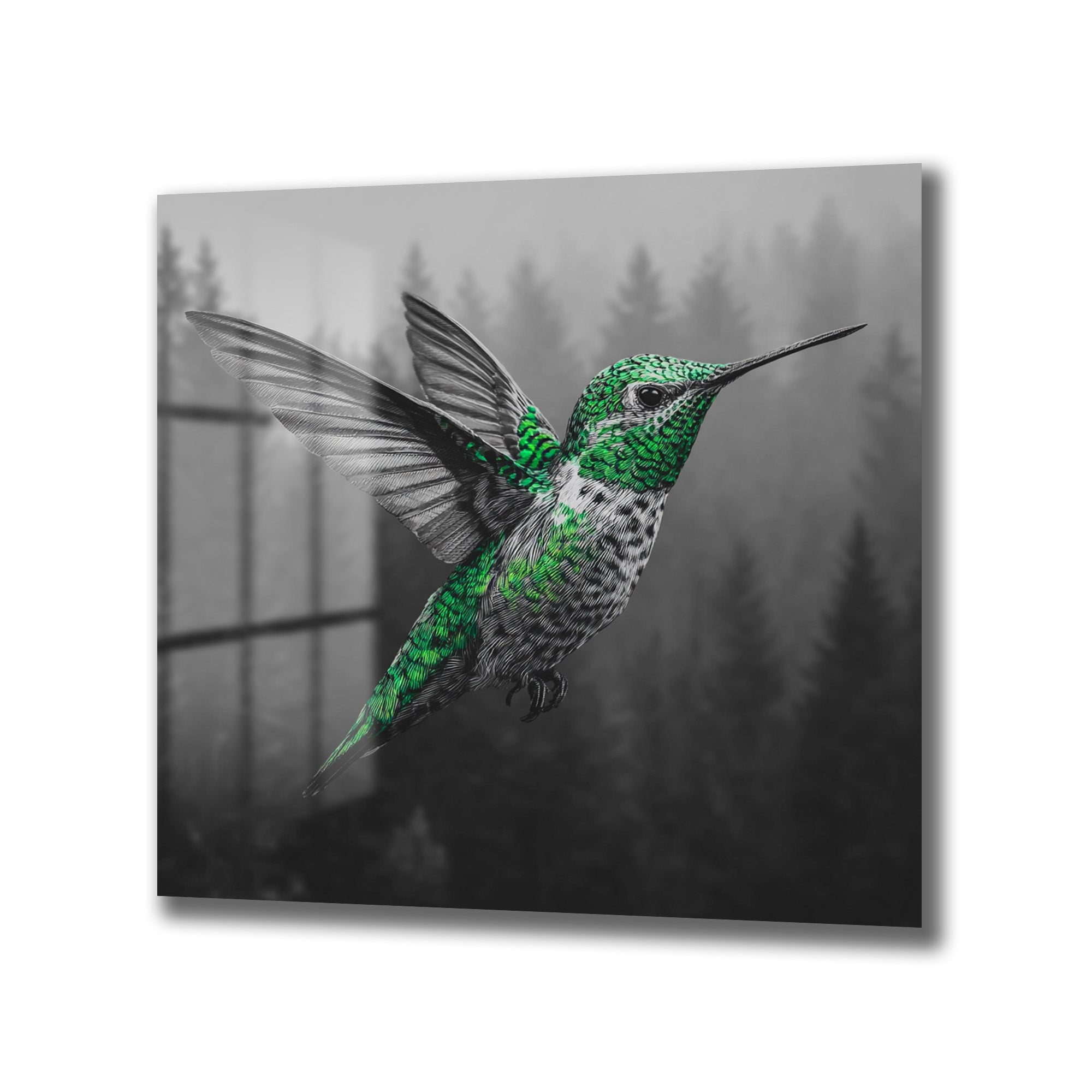 Sisli, siyah beyaz orman fonunda, kanatları açık ve yeşil renkte parlayan bir kolibri kuşu figürünün yer aldığı modern cam tablo. Kolibri'nin canlı renkleri, arka planın monokrom tonlarıyla kontrast oluşturuyor.
