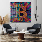Enerjik Bitcoin Sanatı Cam Tablo - Kripto Dünyasının Canlı Yansıması