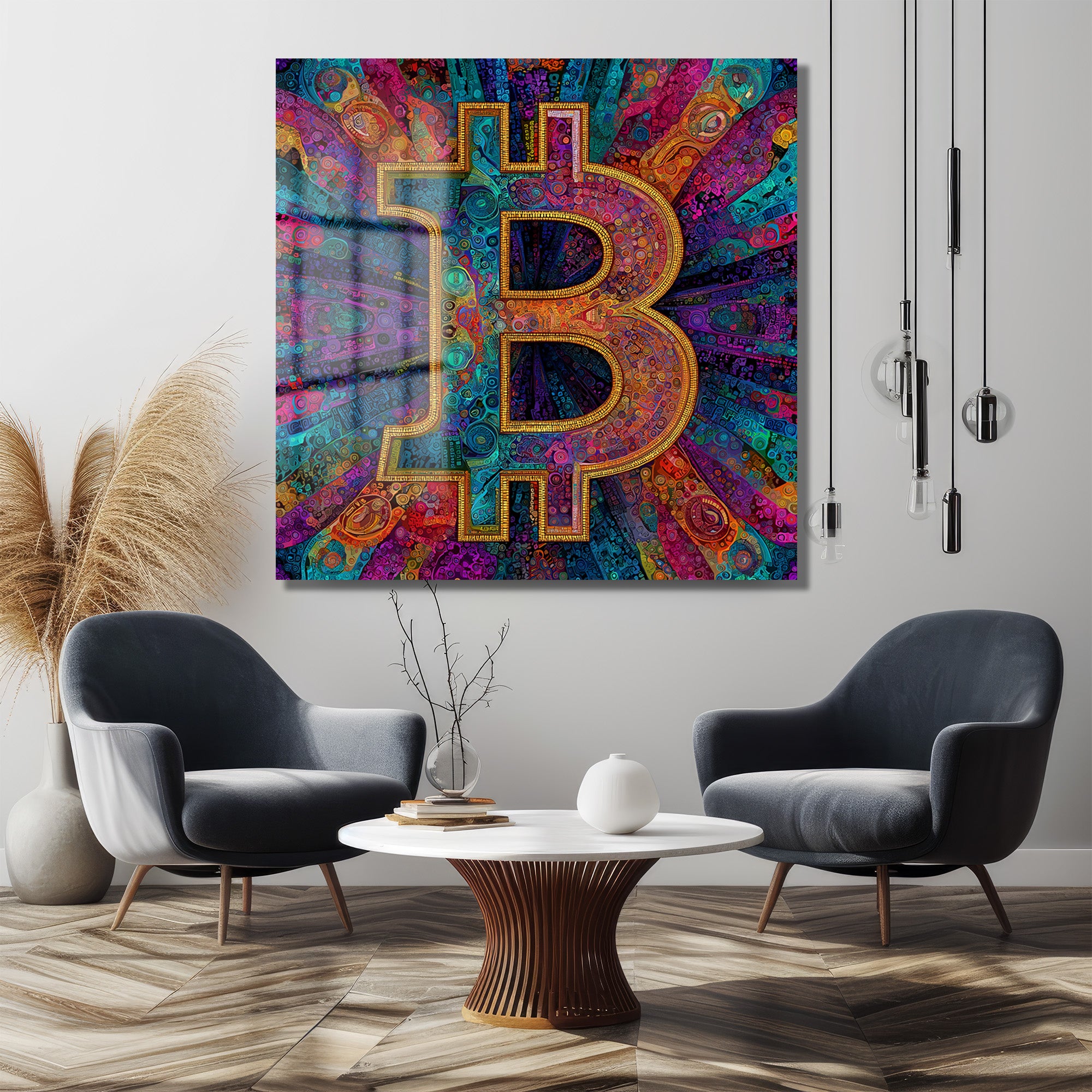 Enerjik Bitcoin Sanatı Cam Tablo - Kripto Dünyasının Canlı Yansıması