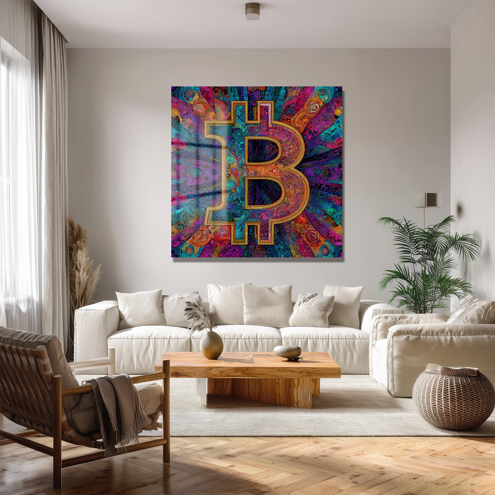 Enerjik Bitcoin Sanatı Cam Tablo - Kripto Dünyasının Canlı Yansıması