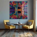 Enerjik Bitcoin Sanatı Cam Tablo - Kripto Dünyasının Canlı Yansıması
