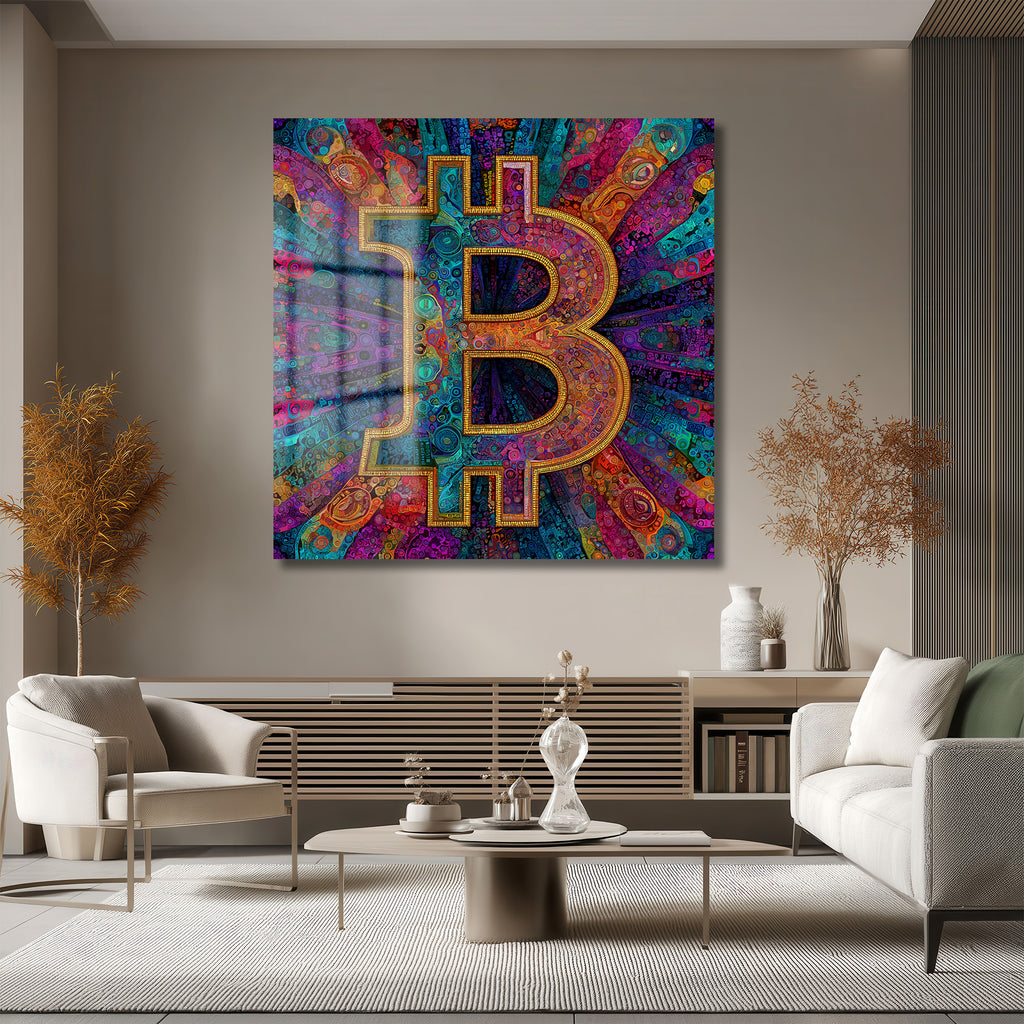 Enerjik Bitcoin Sanatı Cam Tablo - Kripto Dünyasının Canlı Yansıması