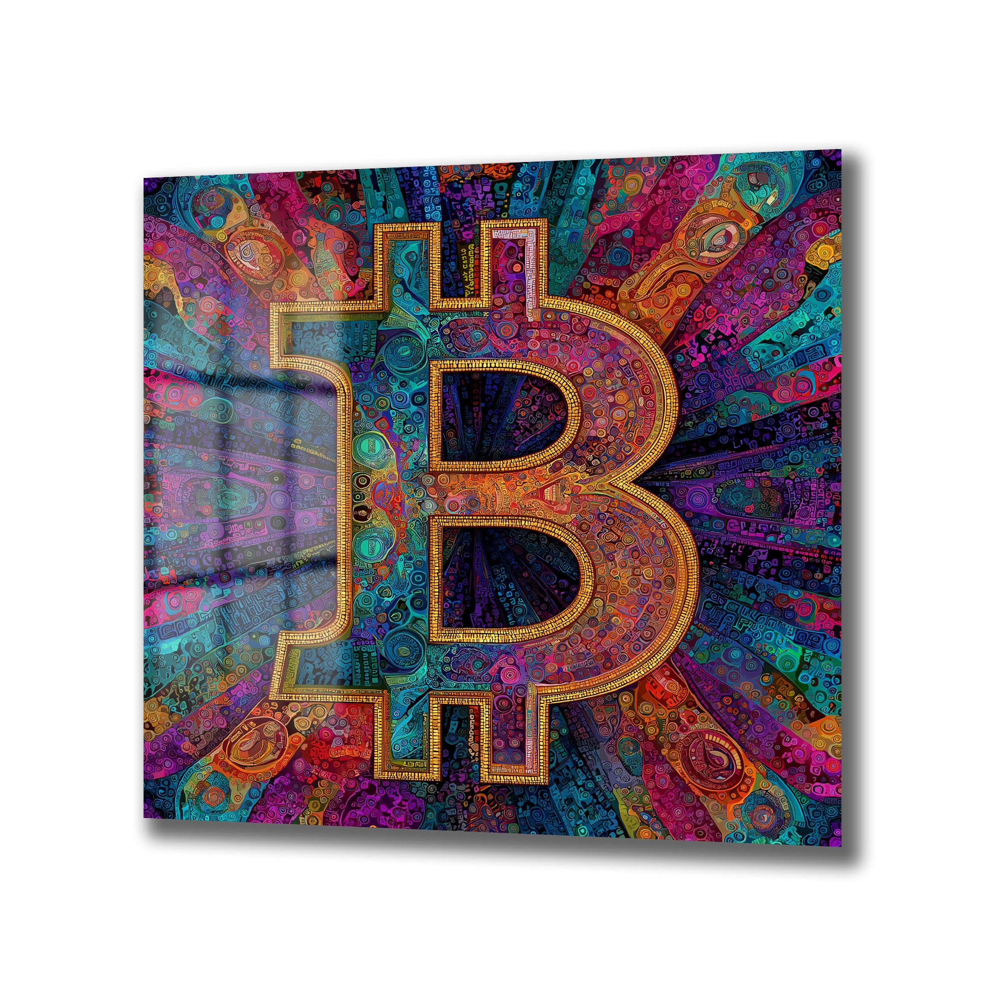 Enerjik Bitcoin Sanatı Cam Tablo - Kripto Dünyasının Canlı Yansıması