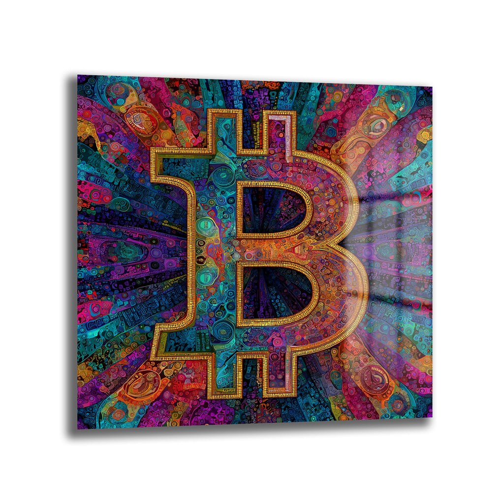 Enerjik Bitcoin Sanatı Cam Tablo - Kripto Dünyasının Canlı Yansıması