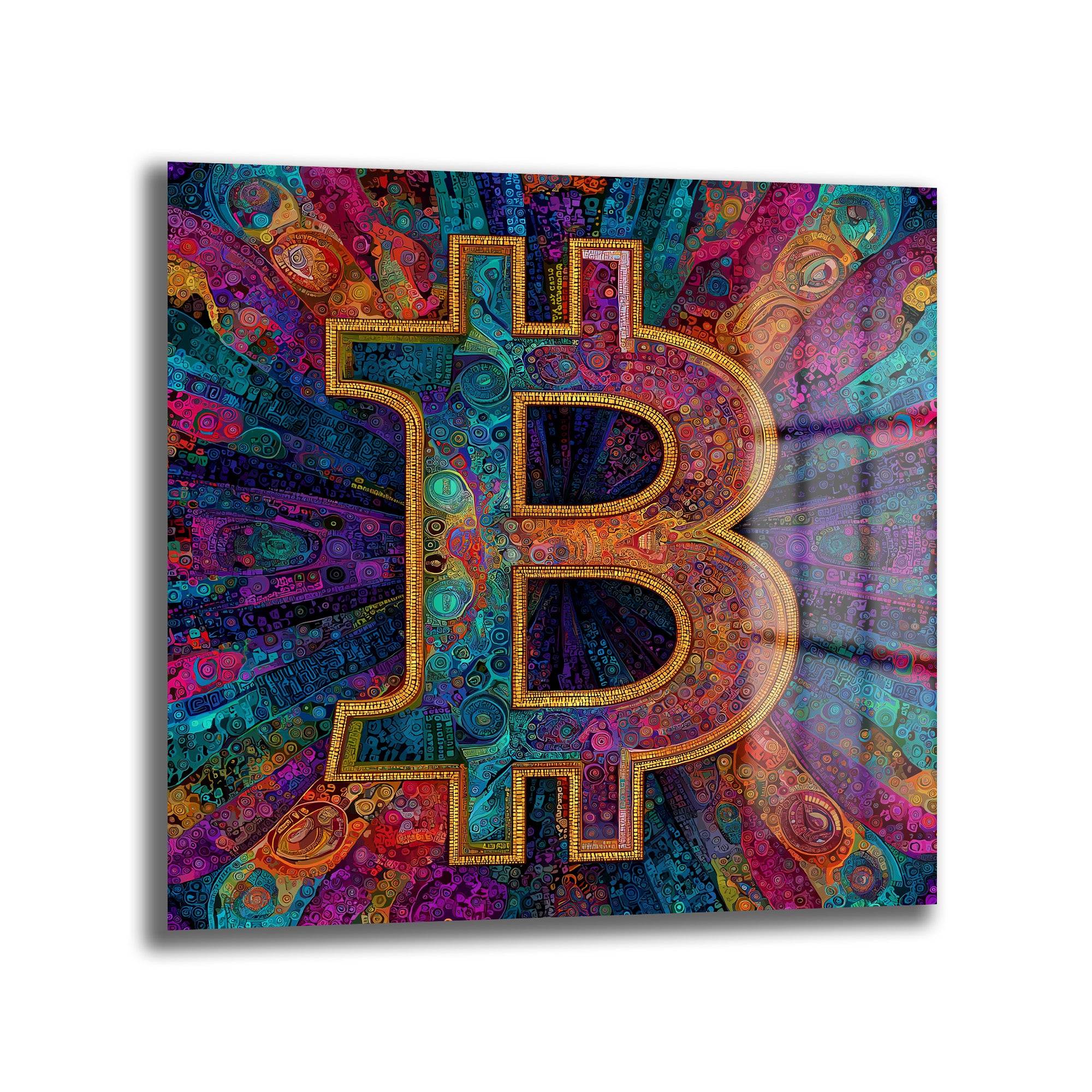 Enerjik Bitcoin Sanatı Cam Tablo - Kripto Dünyasının Canlı Yansıması