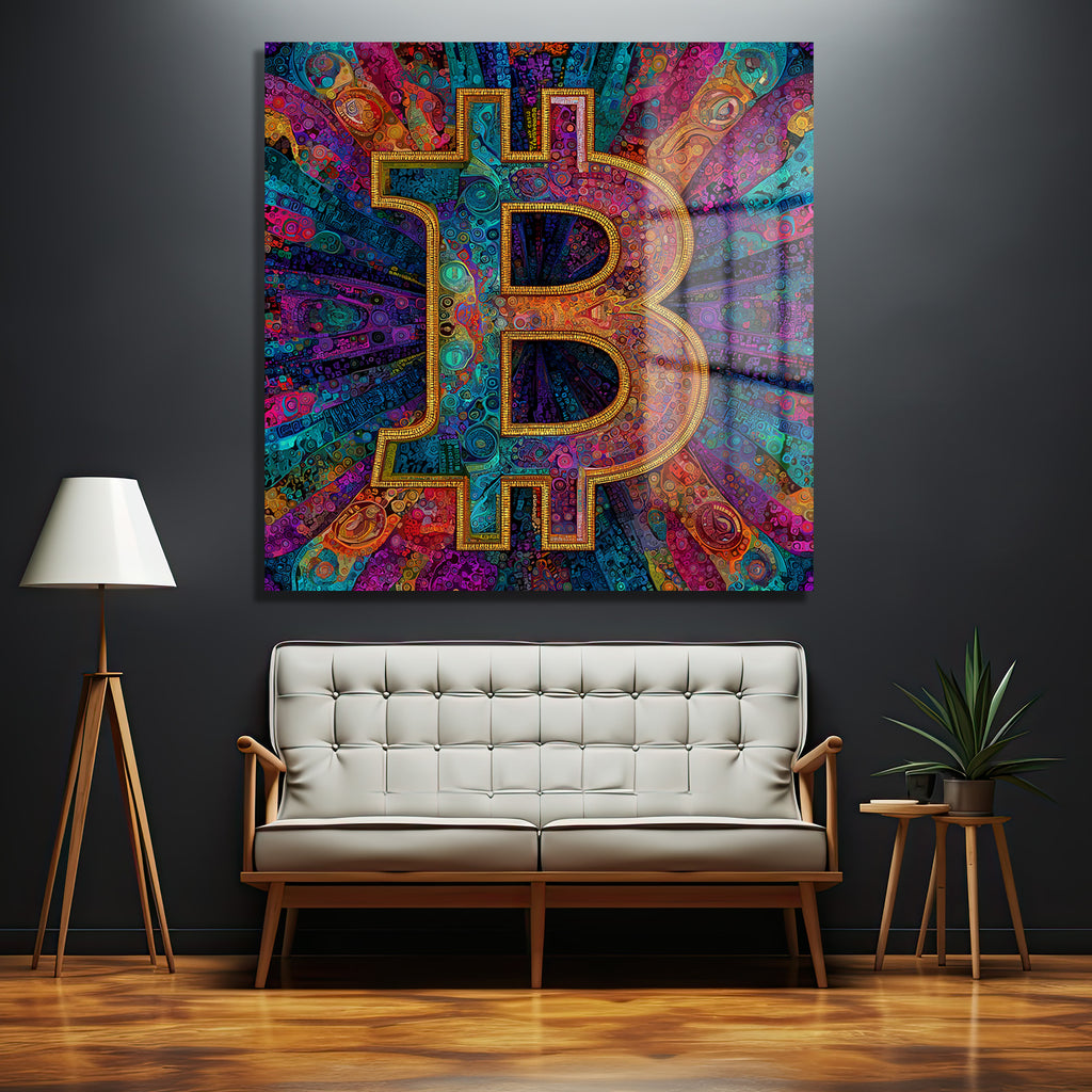 Koyu gri bir duvar üzerinde, canlı ve çok renkli, mozaik tarzda işlenmiş altın çerçeveli bir Bitcoin sembolü cam tablo. Altında modern tasarımlı, bej renkli bir kanepe ve ahşap ayaklı bir lamba bulunuyor.