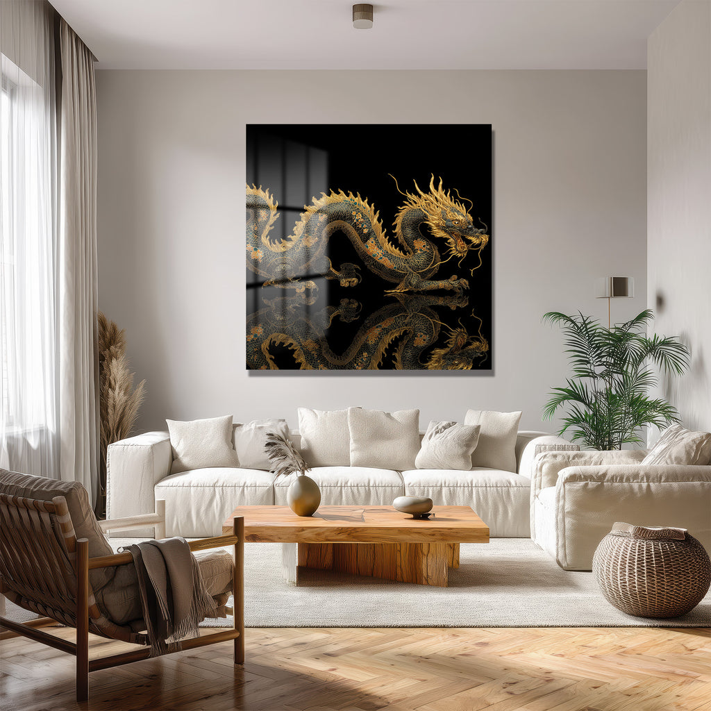 Altın Ejderha Temalı Lüks Cam Tablo - Glazella Sanat Koleksiyonu