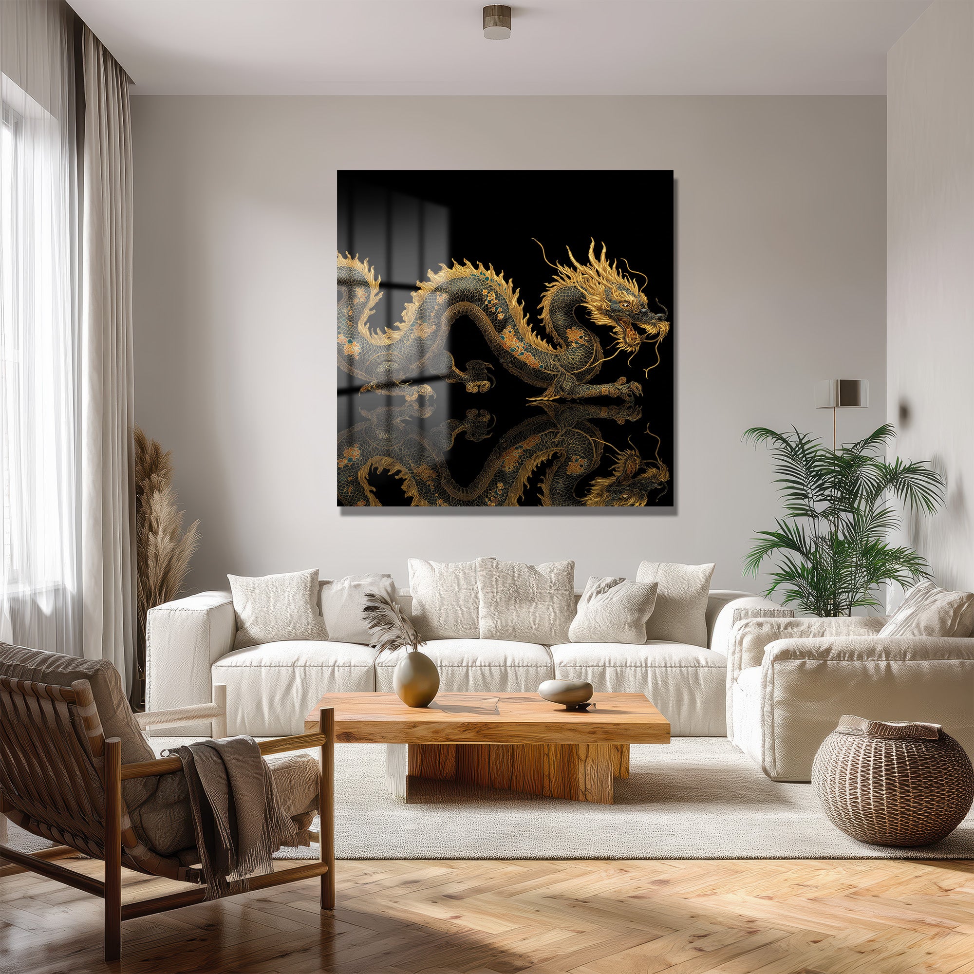 Altın Ejderha Temalı Lüks Cam Tablo - Glazella Sanat Koleksiyonu