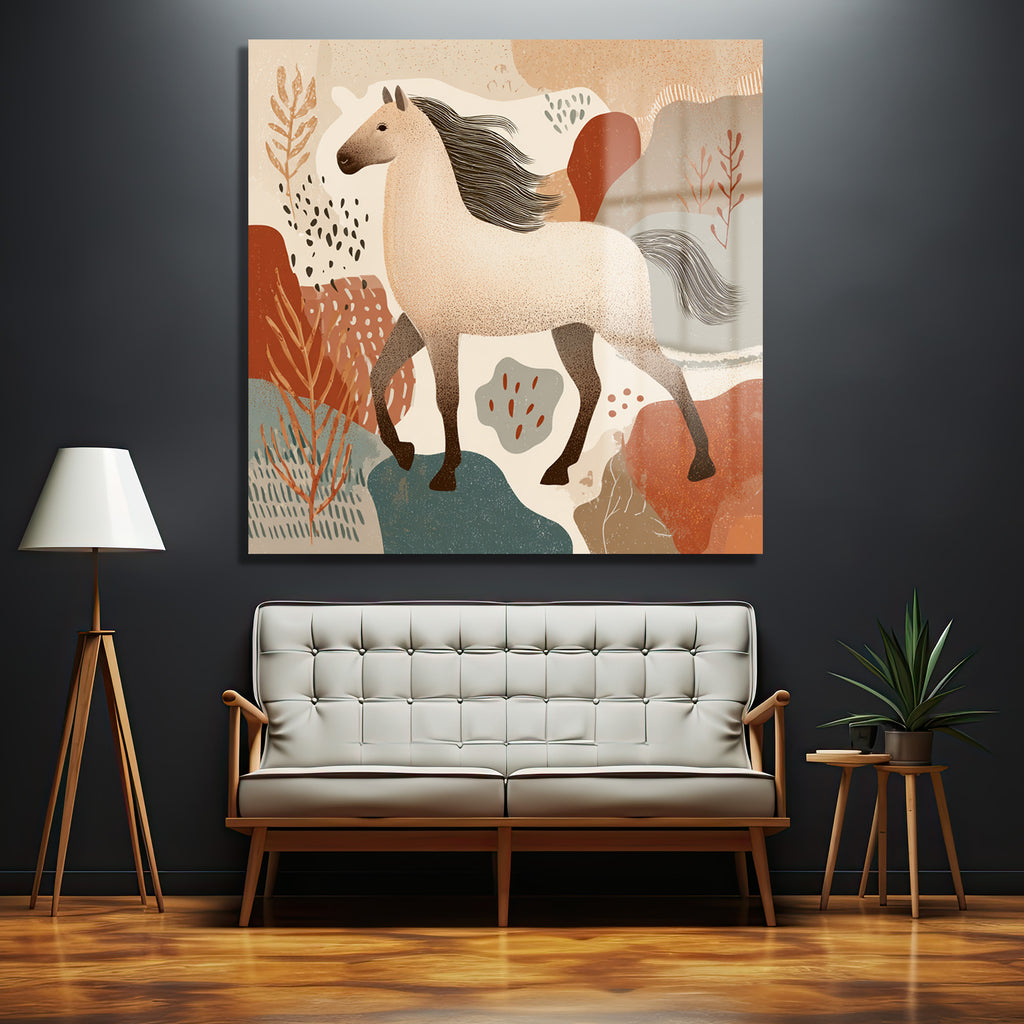 Vahşi Ruhun Dansı: Boho At Desenli Modern Cam Tablo