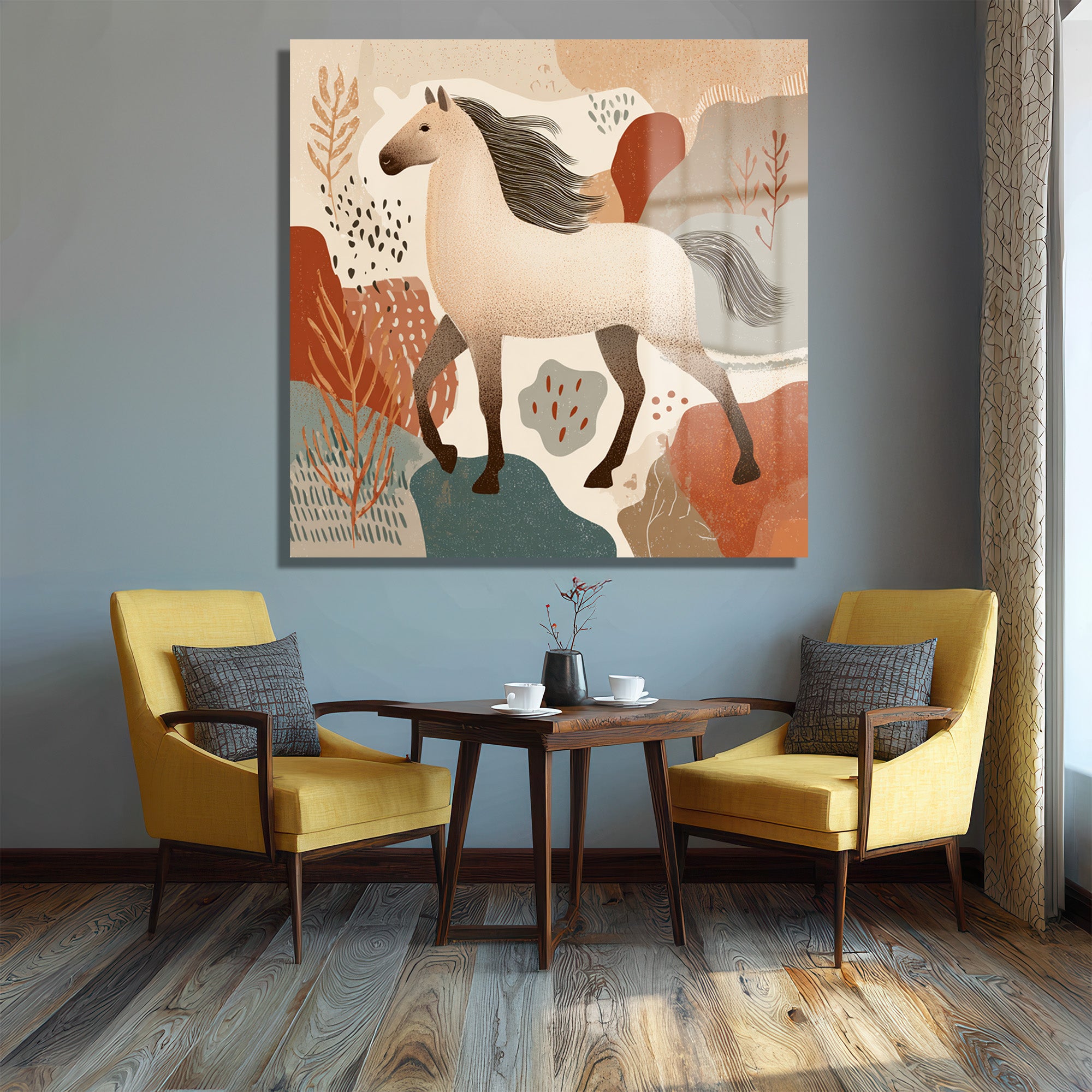 Vahşi Ruhun Dansı: Boho At Desenli Modern Cam Tablo