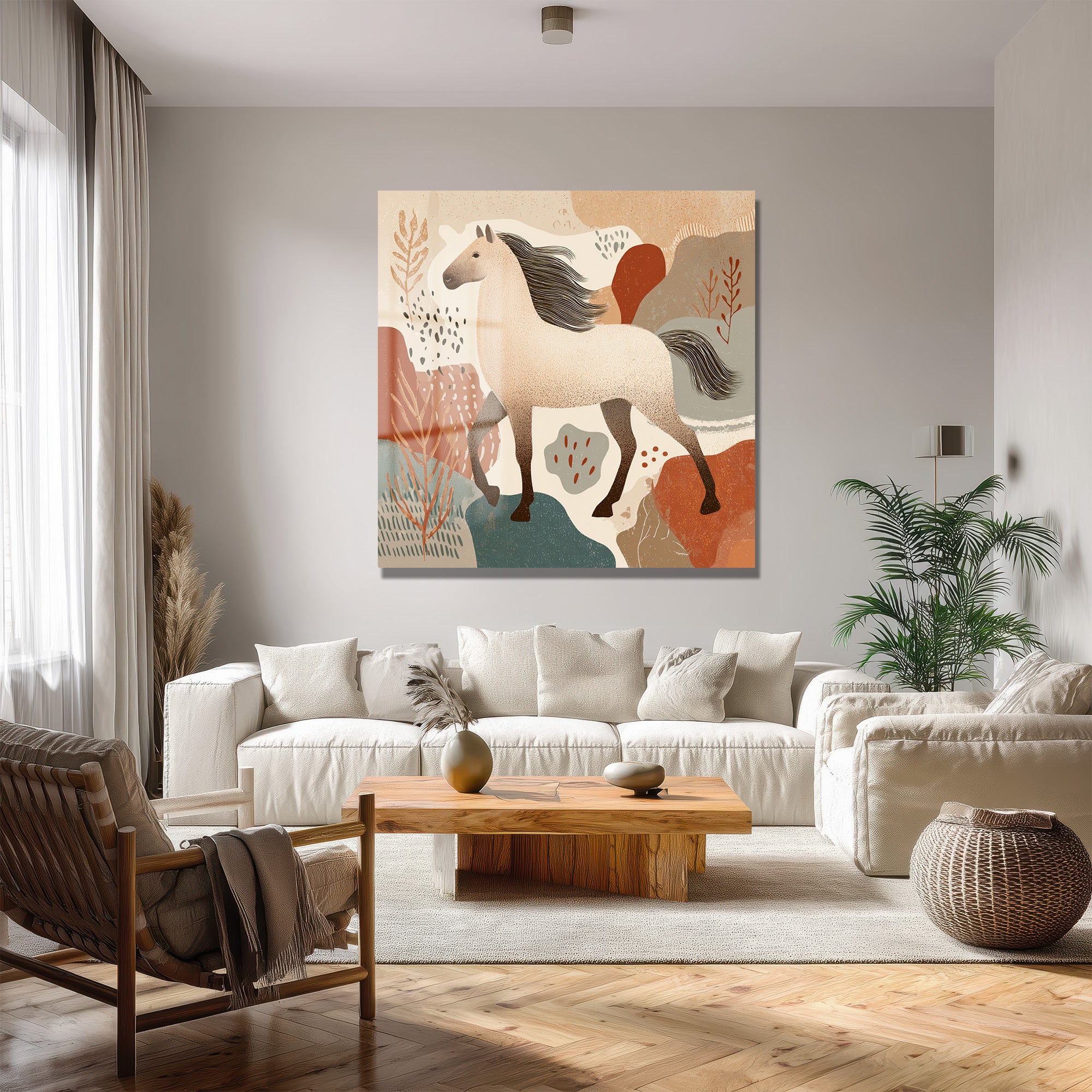 Vahşi Ruhun Dansı: Boho At Desenli Modern Cam Tablo