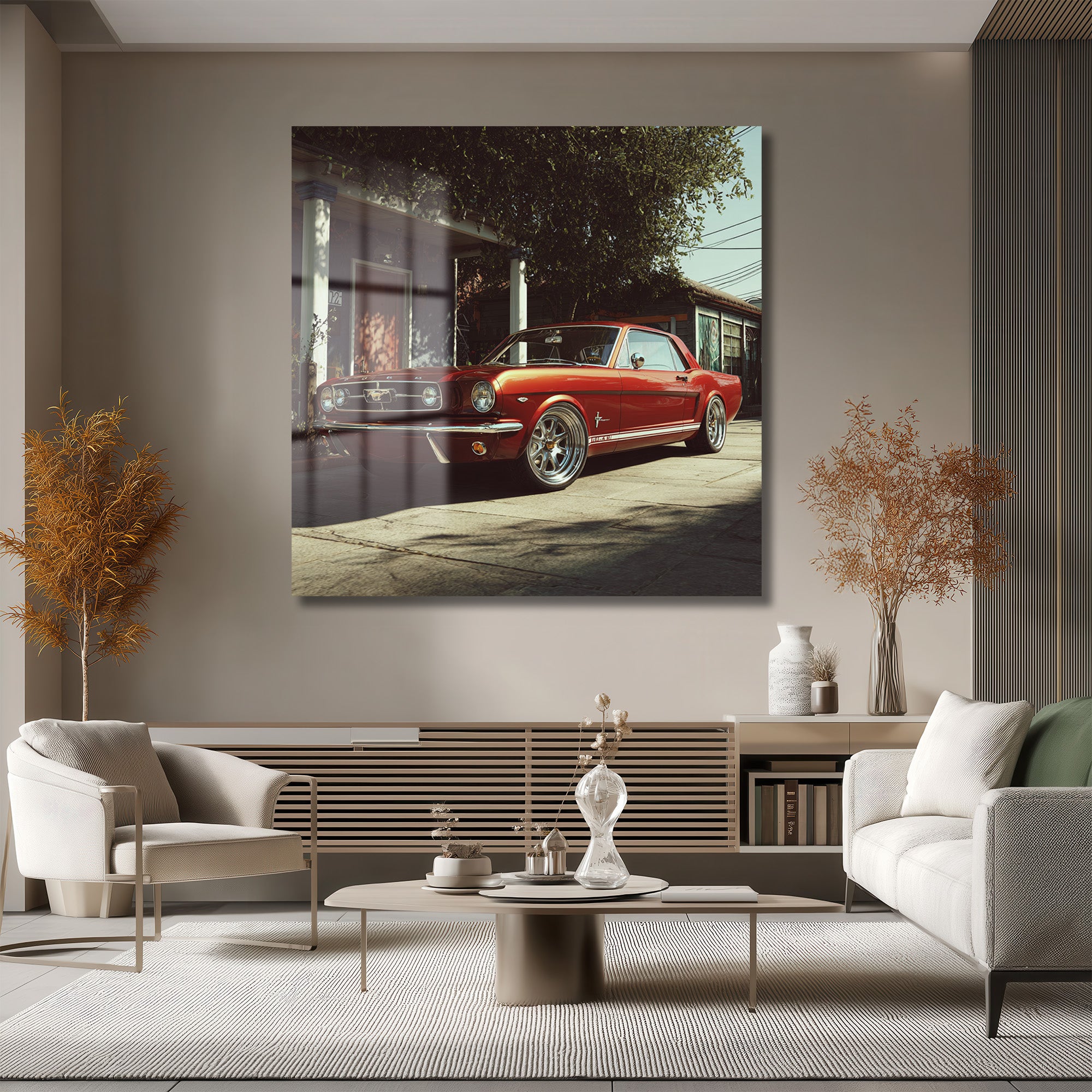 Efsanevi Kırmızı Mustang Klasik Otomobil Cam Tablo