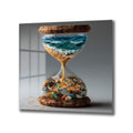 Okyanus kirliliğini ve zamanın tükenmesini simgeleyen kum saati görselli cam tablo. Kum saatinin üst kısmında temiz dalgalı okyanus ve kumlu sahil, alt kısmında ise plastik atıklarla dolu bir deniz yatağı ve kum akışı görülüyor.