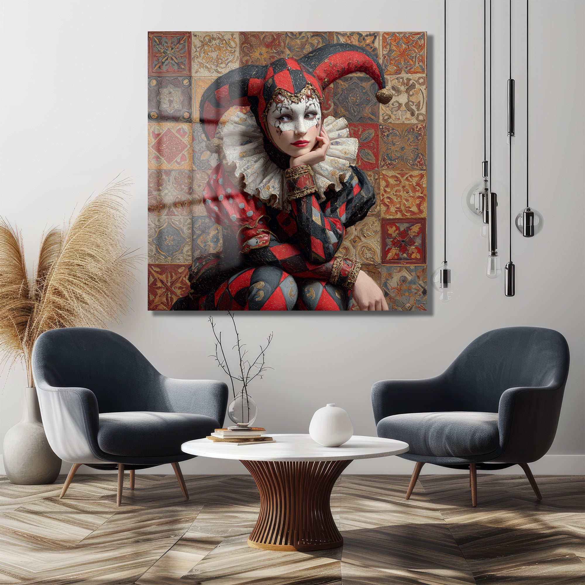 Büyüleyici Harlequin Kadın Portresi Dekoratif Cam Tablo