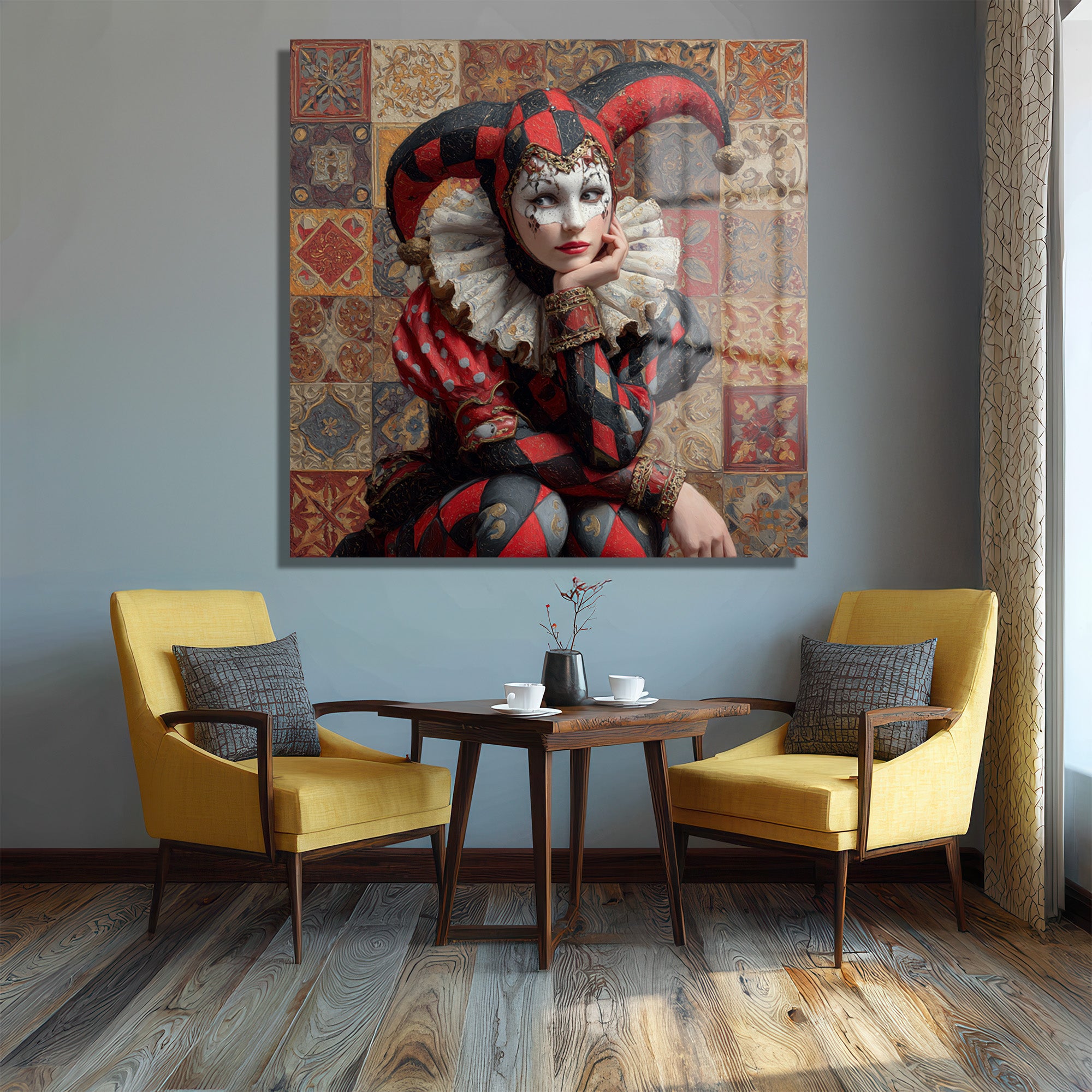 Büyüleyici Harlequin Kadın Portresi Dekoratif Cam Tablo