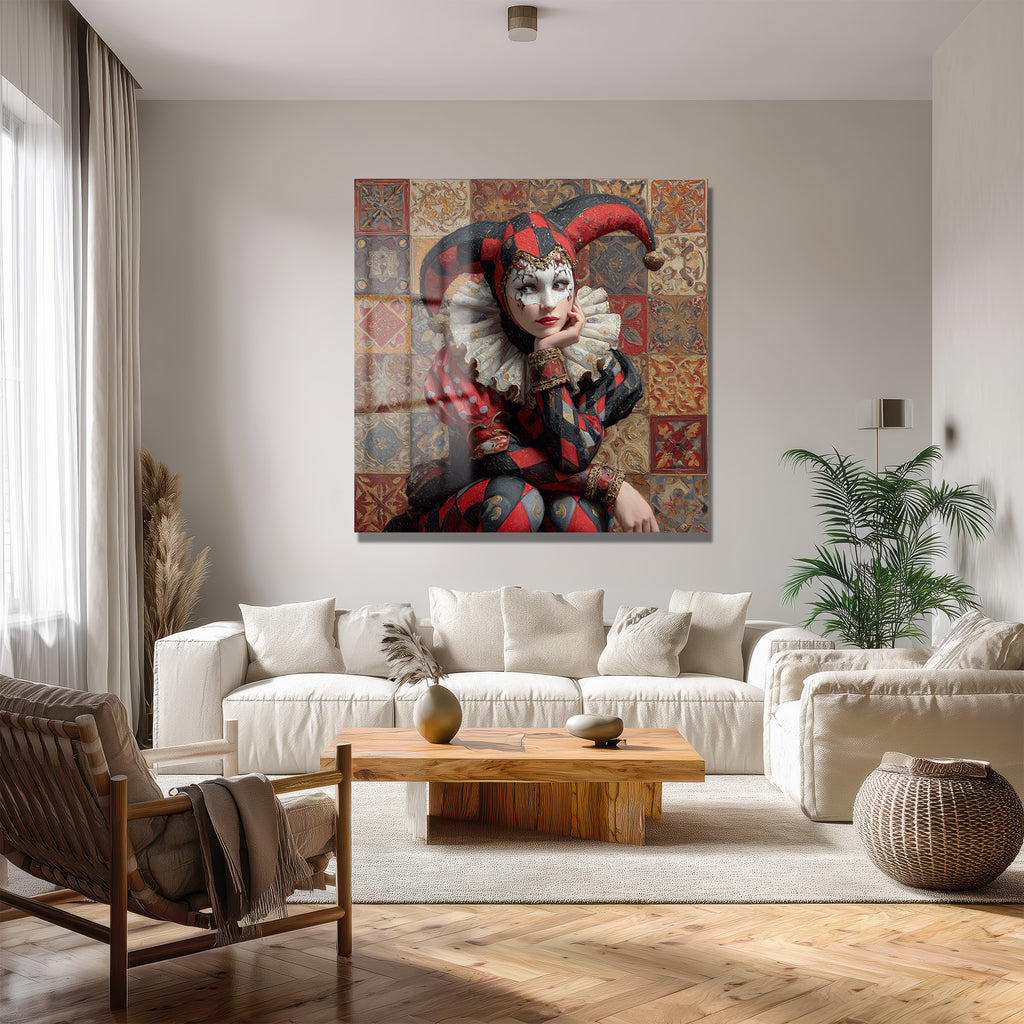 Büyüleyici Harlequin Kadın Portresi Dekoratif Cam Tablo
