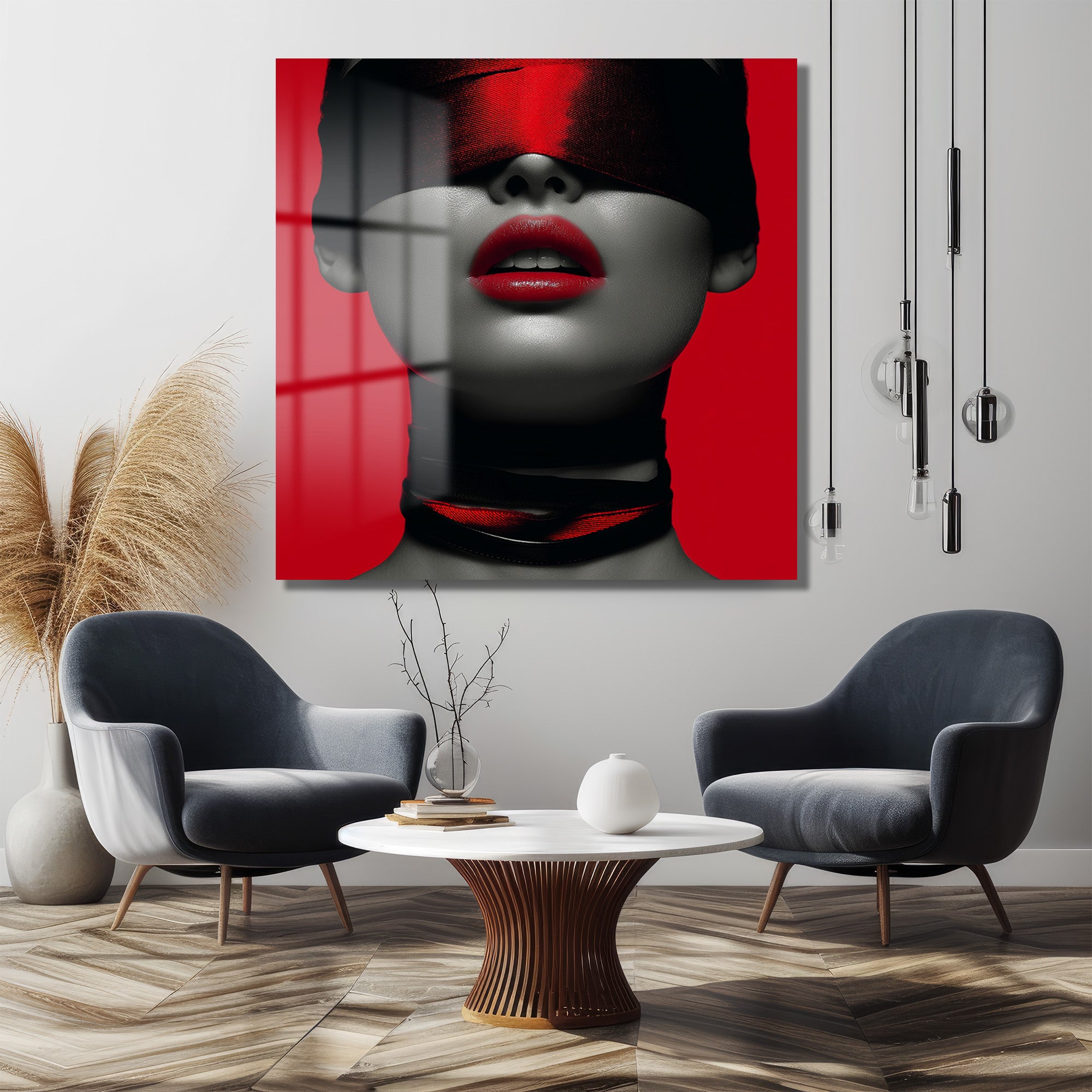 Gizemli Kırmızı Dudaklar Cam Tablo - Modern Sanat Duvar Dekoru