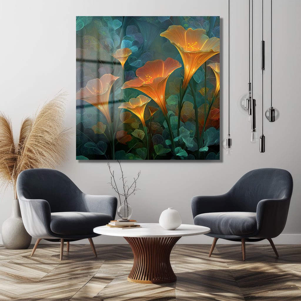 Büyülü Işıltılı Çiçekler Cam Tablo - Efsanevi Floral Sanat