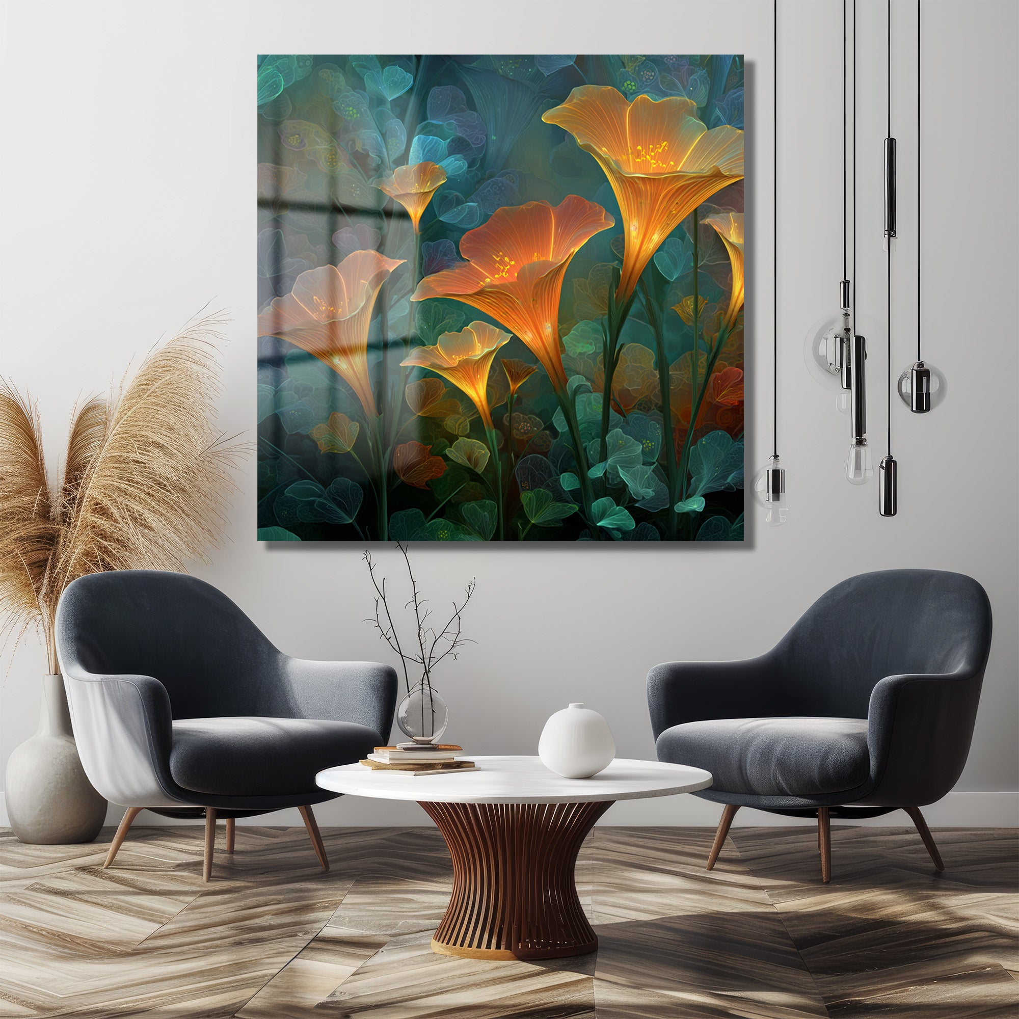 Büyülü Işıltılı Çiçekler Cam Tablo - Efsanevi Floral Sanat