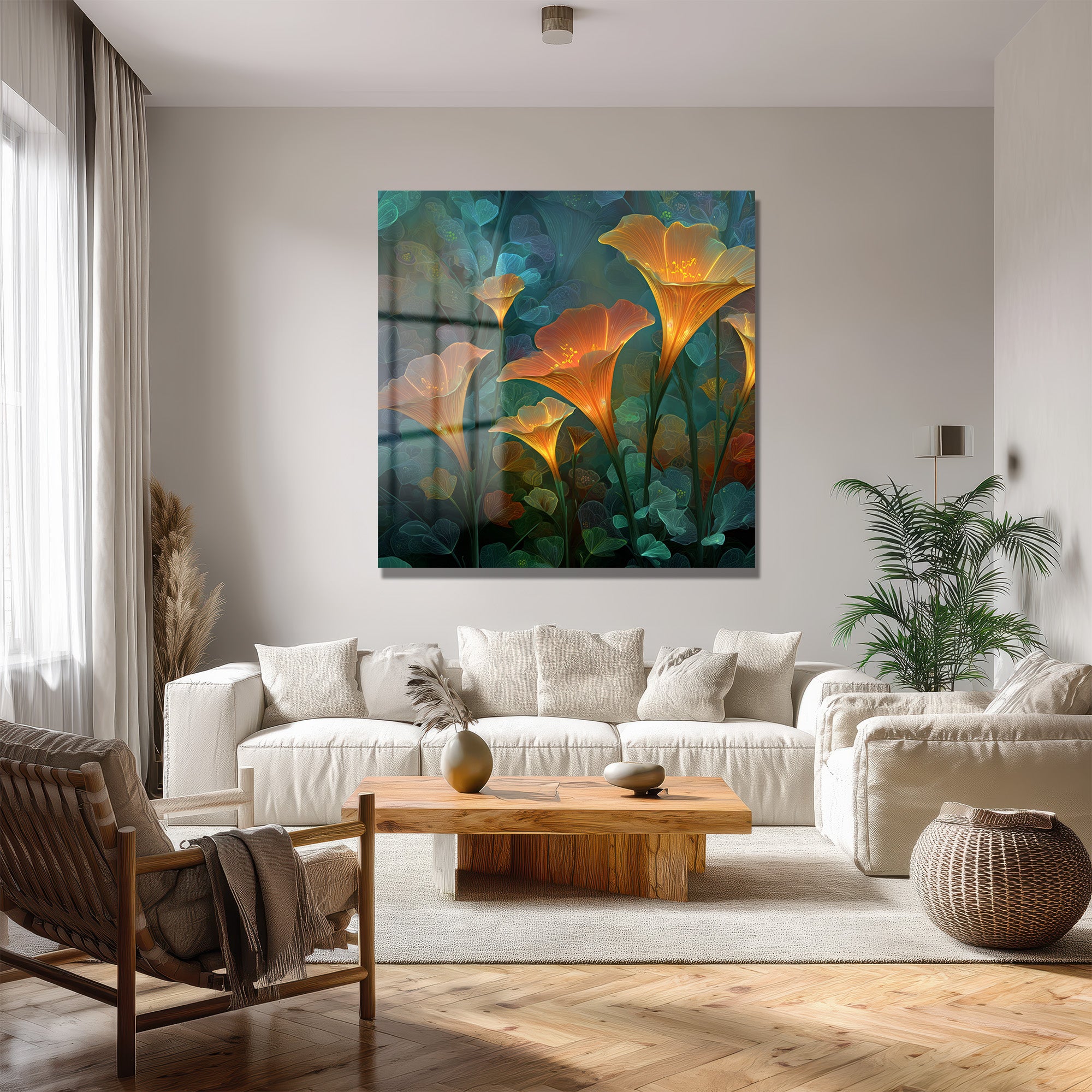 Büyülü Işıltılı Çiçekler Cam Tablo - Efsanevi Floral Sanat