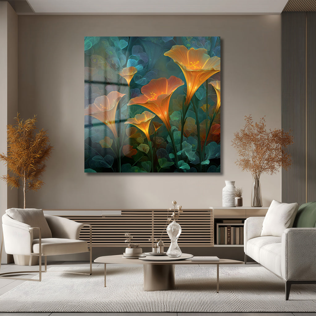 Büyülü Işıltılı Çiçekler Cam Tablo - Efsanevi Floral Sanat