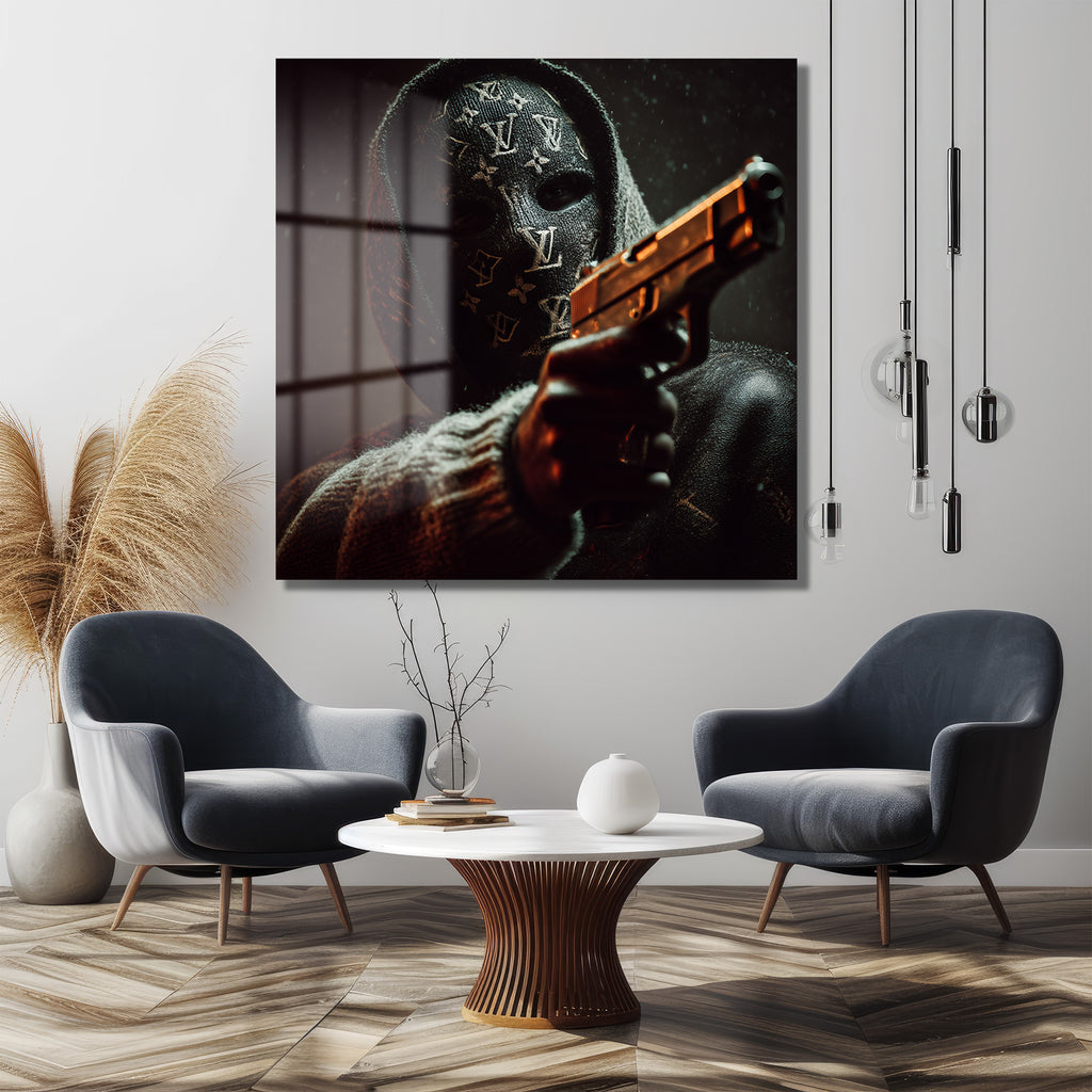 Lüks Maskeli Figür Cam Tablo - Modern Sanat ve Gizemli Etki