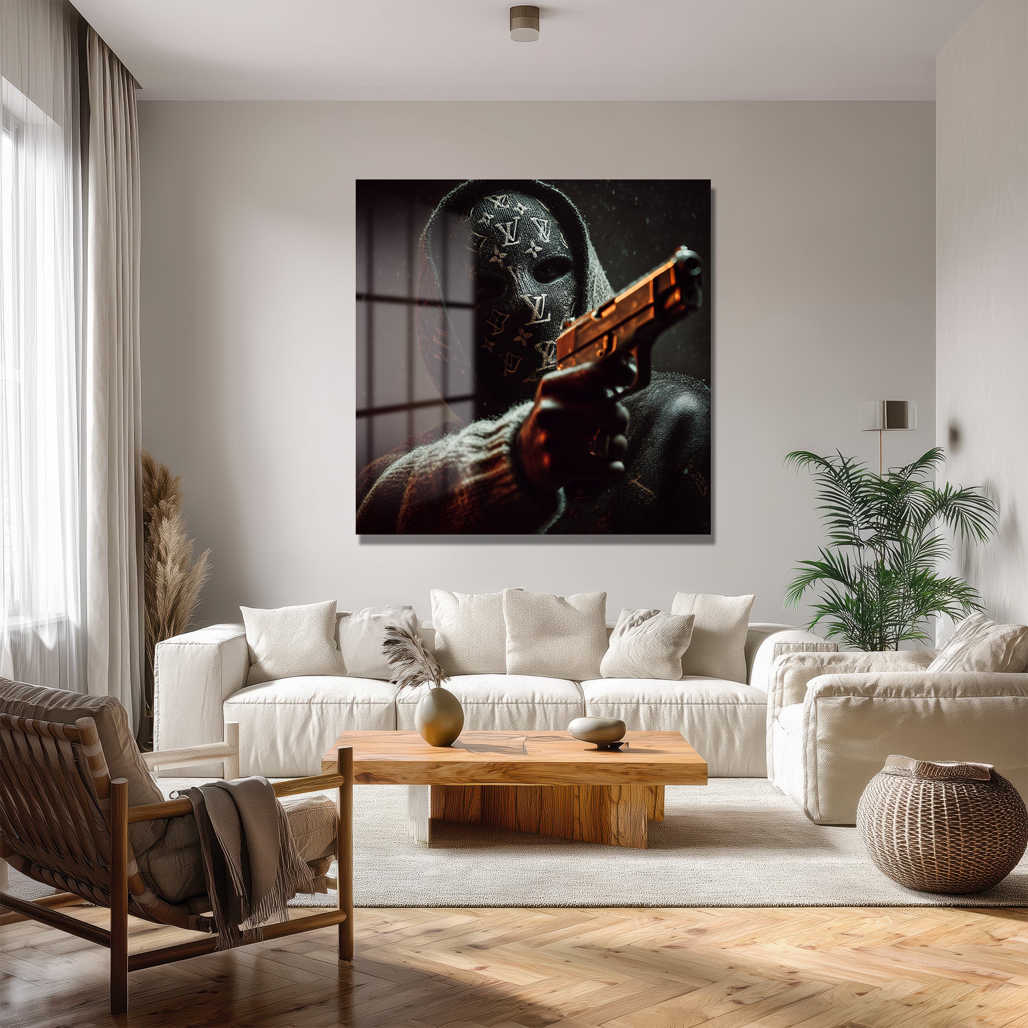 Lüks Maskeli Figür Cam Tablo - Modern Sanat ve Gizemli Etki