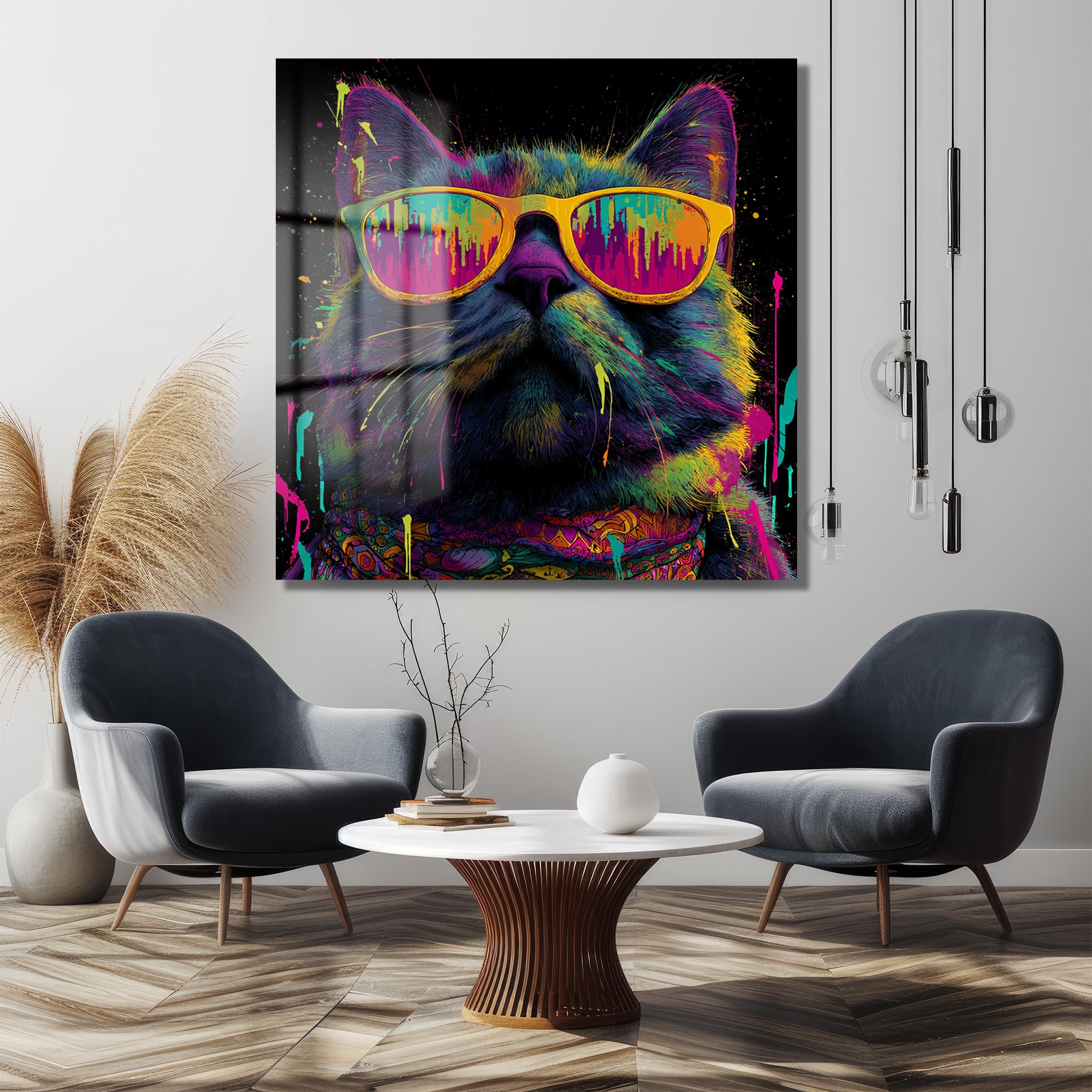 Renkli Gözlüklü Havalı Kedi Sanat Cam Tablo