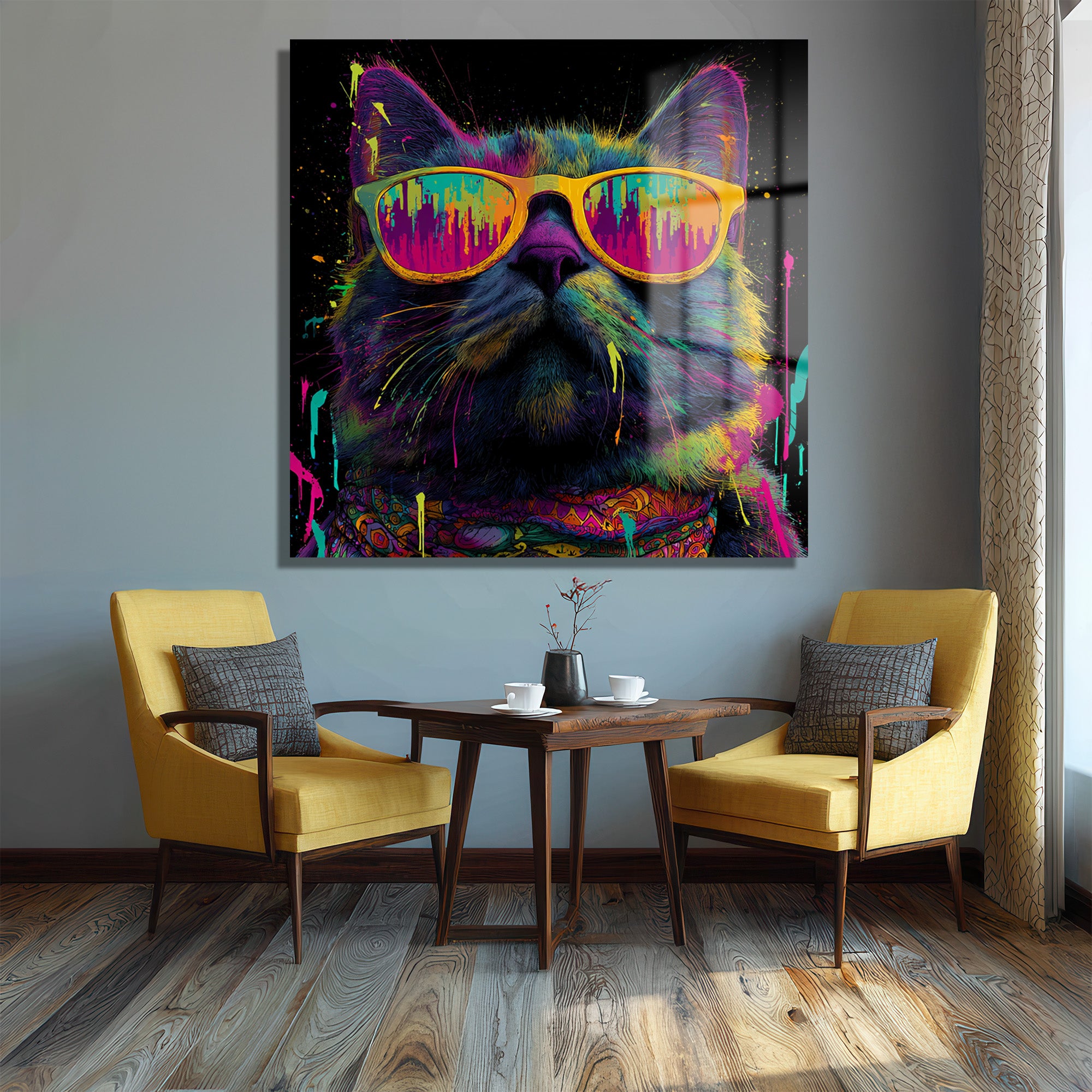 Renkli Gözlüklü Havalı Kedi Sanat Cam Tablo