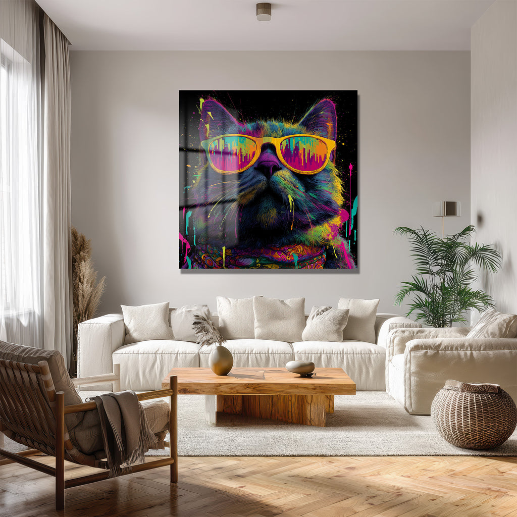 Renkli Gözlüklü Havalı Kedi Sanat Cam Tablo