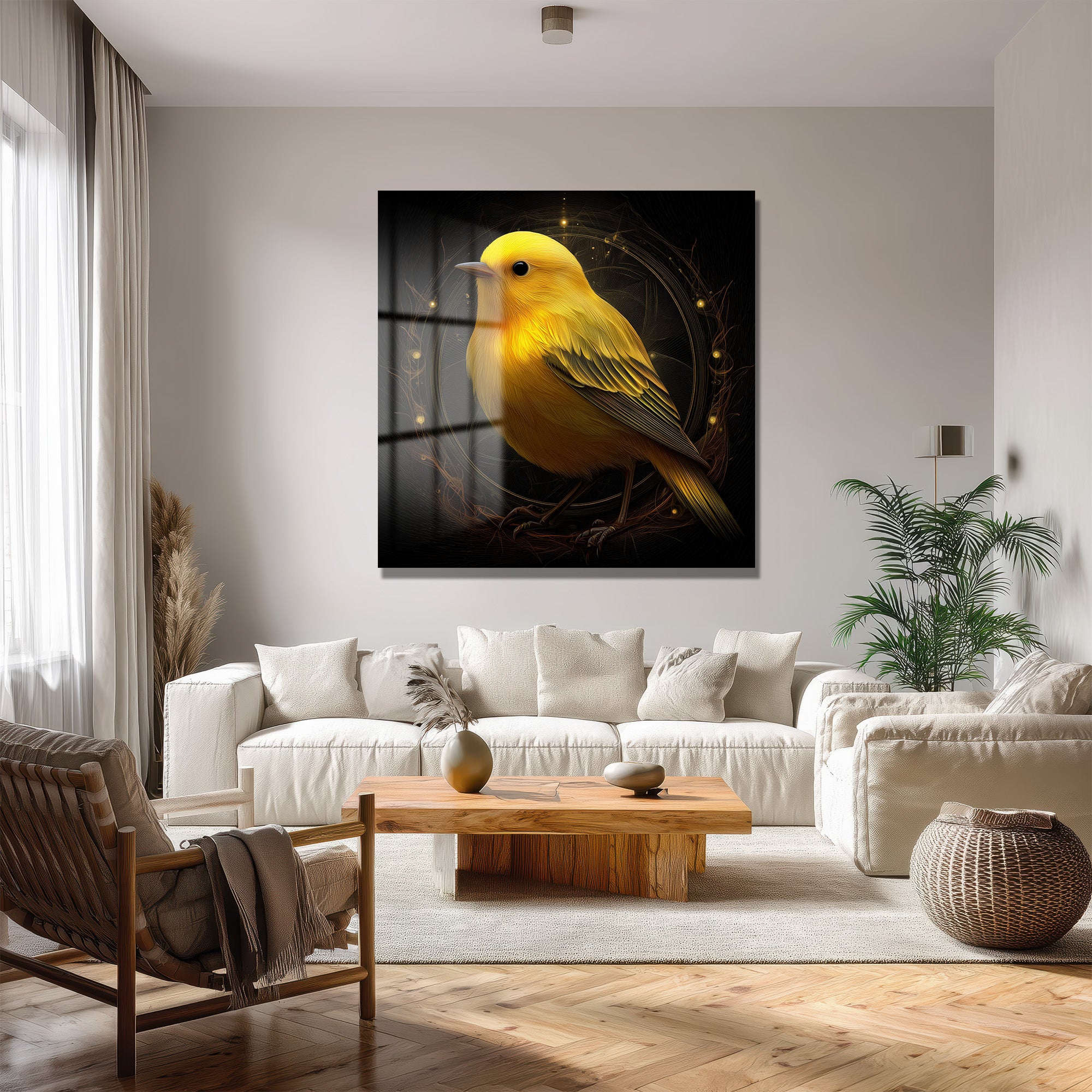 Büyülü Işıltılı Sarı Kuş Sanatı Modern Cam Tablo