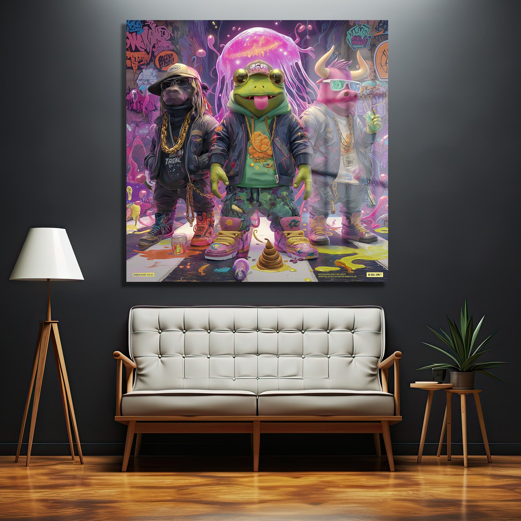 Hip-hop kıyafetleri giymiş bir köpek, kurbağa ve domuz figürlerinin, mor ve pembe graffiti duvar önünde, parlayan bir denizanası ve sokak sanatı detaylarıyla dolu canlı bir cam tablo.