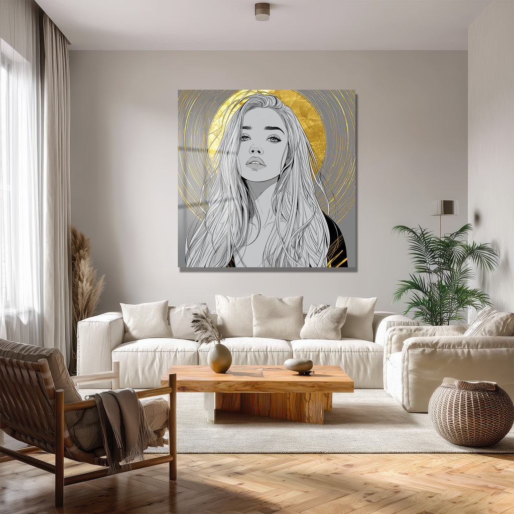 Altın Dokunuşlu Modern Kadın Portresi Cam Tablo