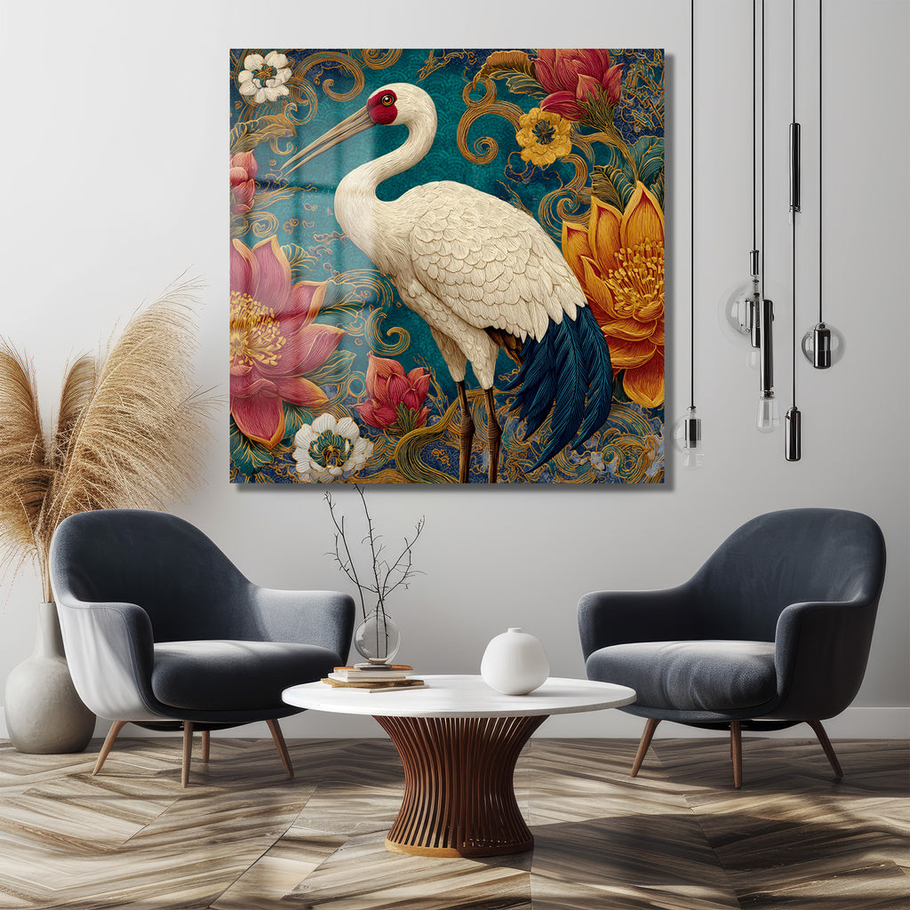 Zarif Turna ve Lotus Çiçekleri Temalı Dekoratif Cam Tablo