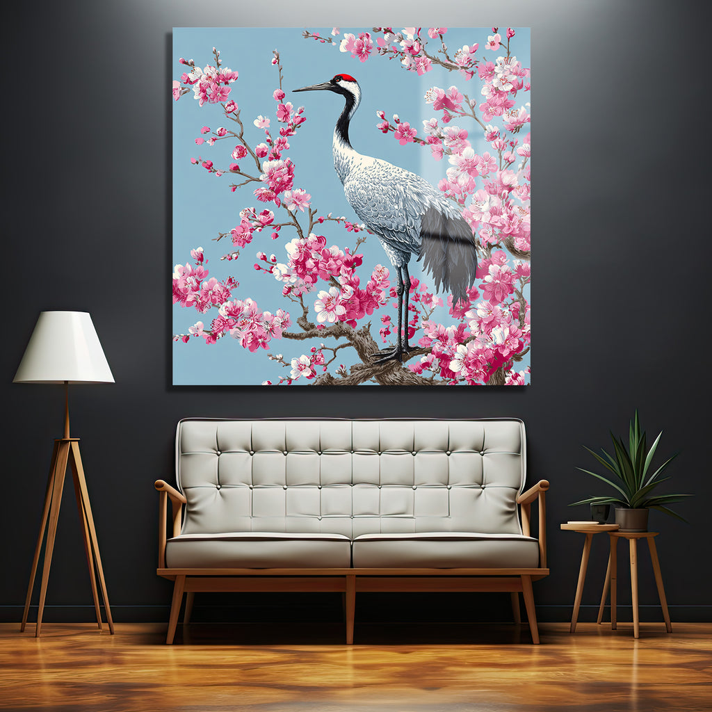 Zen Bahçesi: Sakura ve Turna Kuşu Cam Tablo