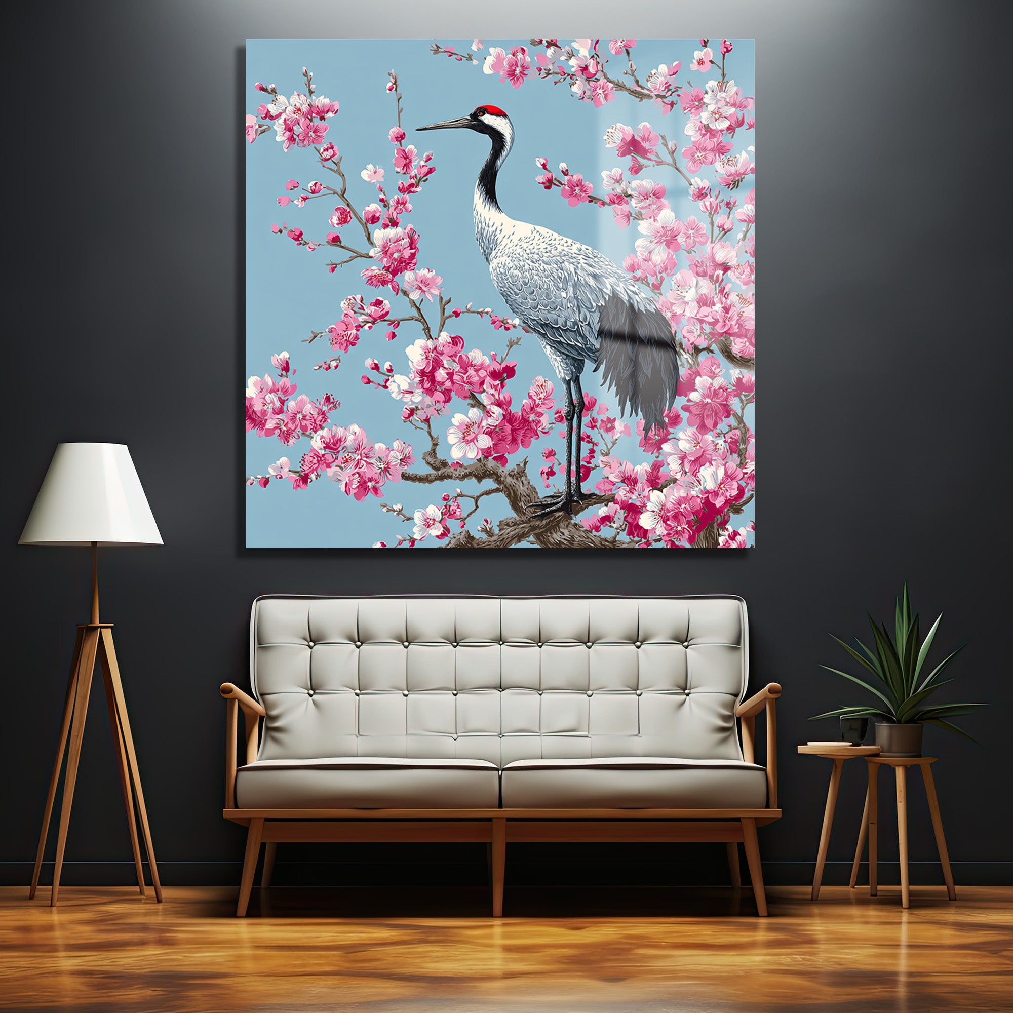 Zen Bahçesi: Sakura ve Turna Kuşu Cam Tablo