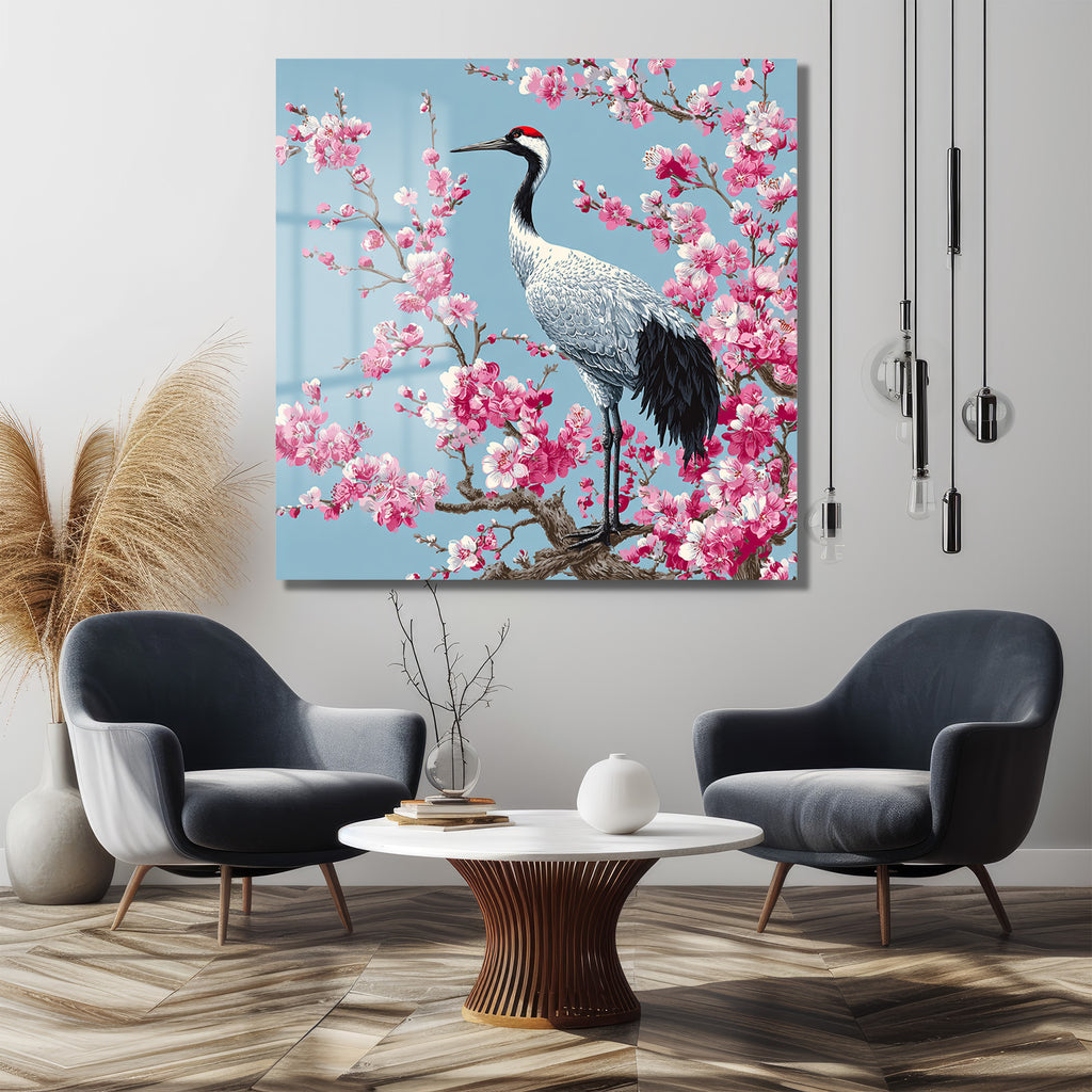 Zen Bahçesi: Sakura ve Turna Kuşu Cam Tablo