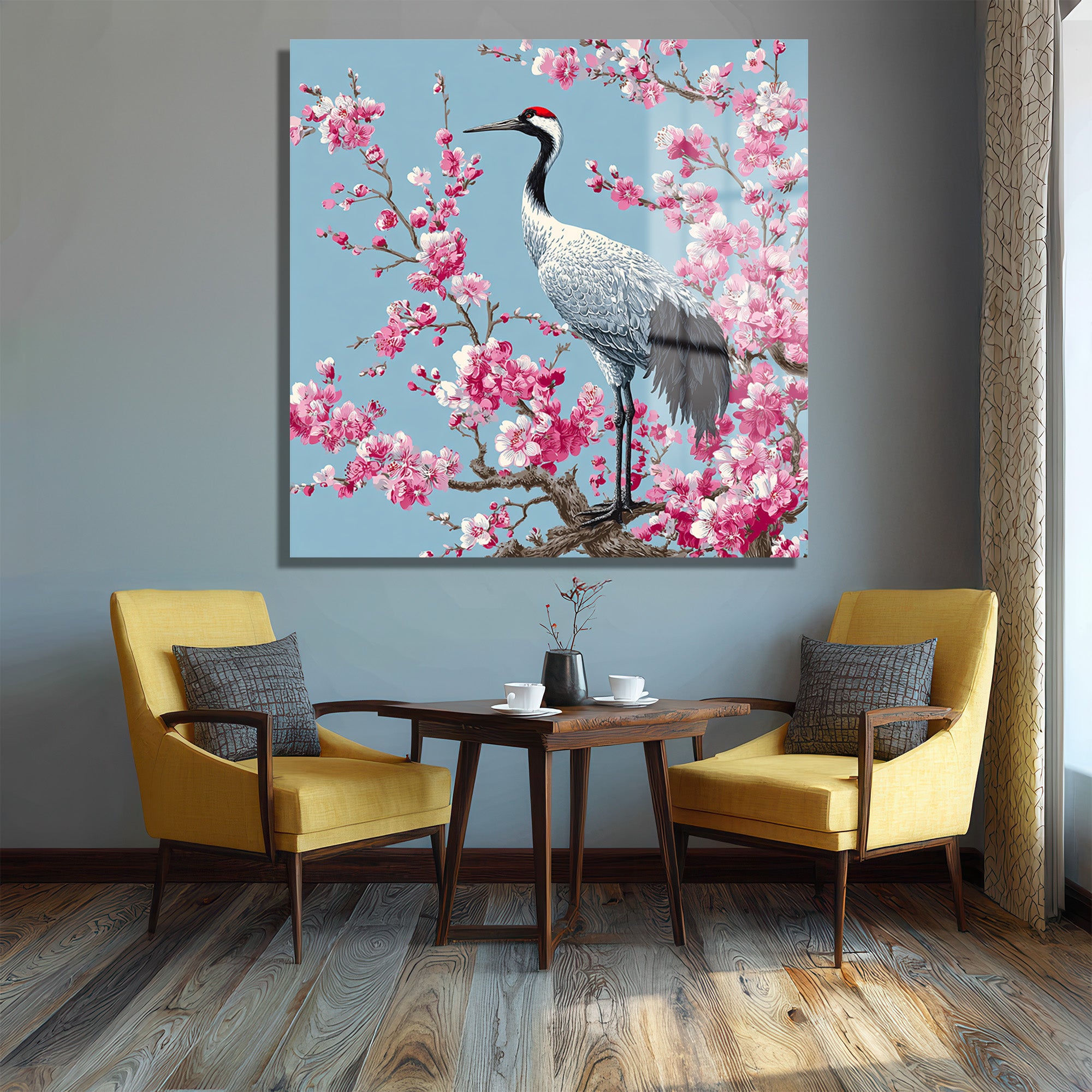 Zen Bahçesi: Sakura ve Turna Kuşu Cam Tablo