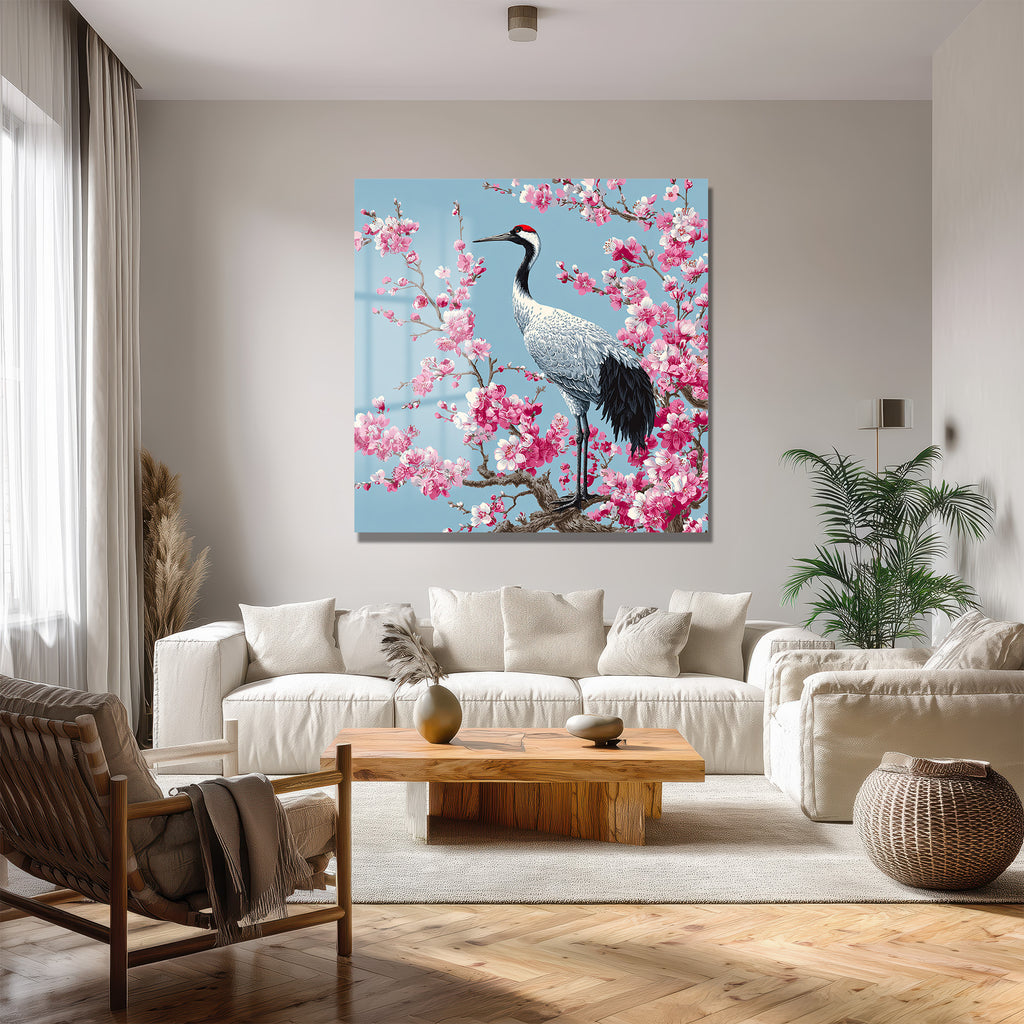 Zen Bahçesi: Sakura ve Turna Kuşu Cam Tablo