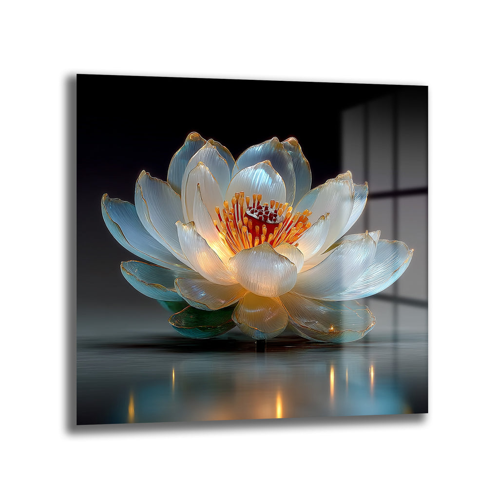 Işıltılı Lotus Çiçeği Cam Tablo - Zarafet ve Huzur