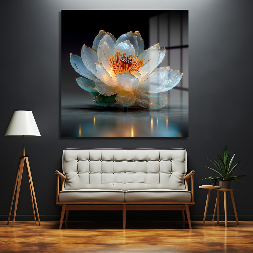 Işıltılı Lotus Çiçeği Cam Tablo - Zarafet ve Huzur