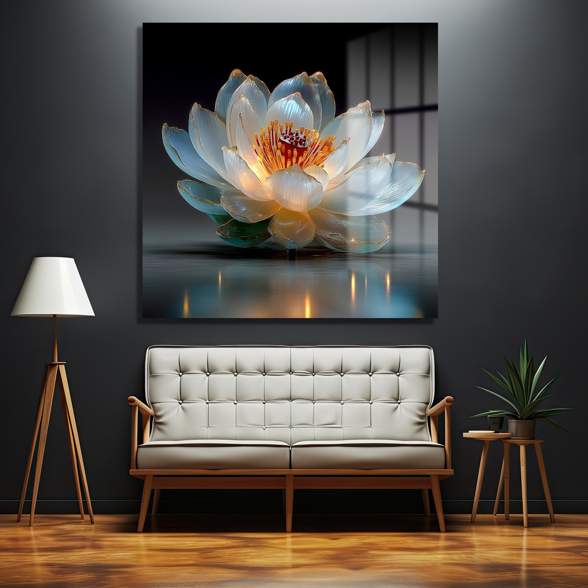 Işıltılı Lotus Çiçeği Cam Tablo - Zarafet ve Huzur