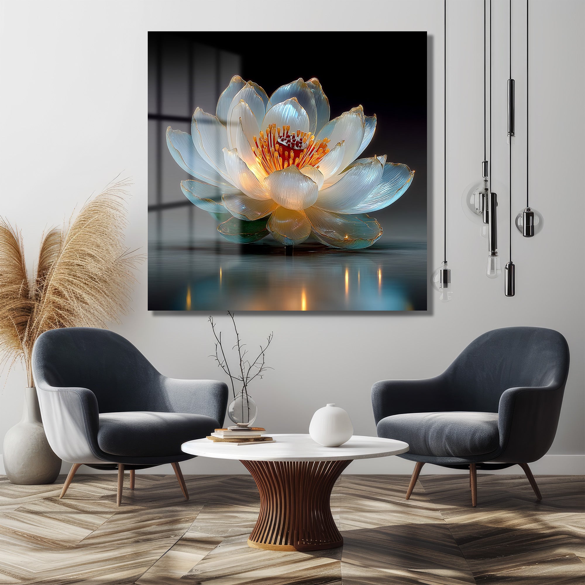 Işıltılı Lotus Çiçeği Cam Tablo - Zarafet ve Huzur