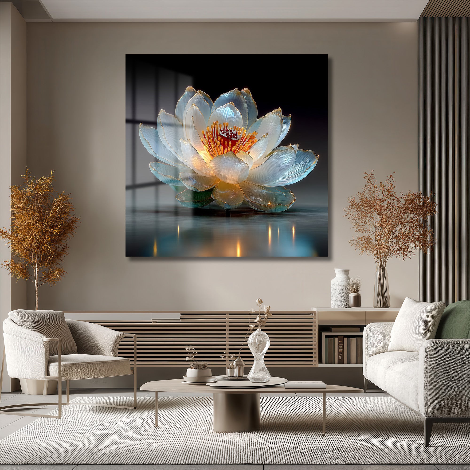 Işıltılı Lotus Çiçeği Cam Tablo - Zarafet ve Huzur