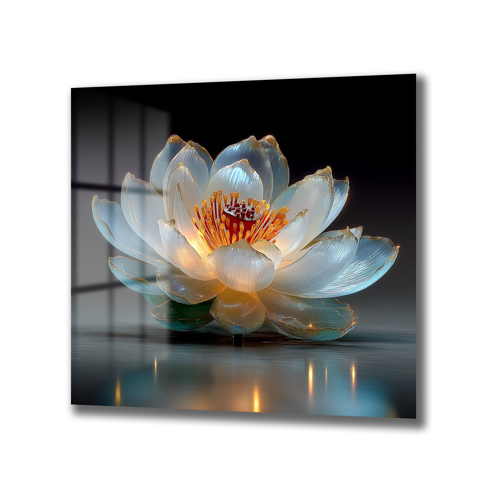 Karanlık ve yansıtıcı bir zeminde, ışıkla parlayan, şeffaf ve altın detaylı lotus çiçeği motifli cam tablo. Çiçeğin merkezi kırmızı ve turuncu tonlarda, yaprakları beyaz ve açık mavi renklerde.